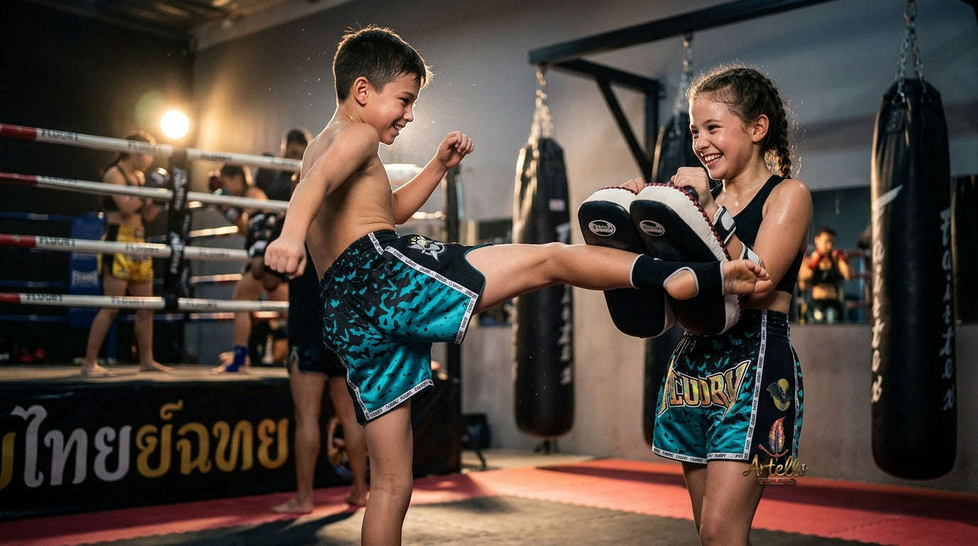 🥊 FLUORY Professional Muay Thai Shorts - High-Performance Polyester Training Trunks for Men, Women & Kids - Quick-Dry Breathable Kickboxing Gear - Advanced Combat Sports Apparel for MMA & Boxing Excellence