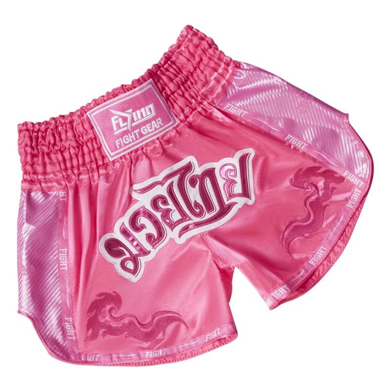 Pink Thai Blessing Co Muay Thai boxing shorts with elastic waistband satin finish traditional Thai script