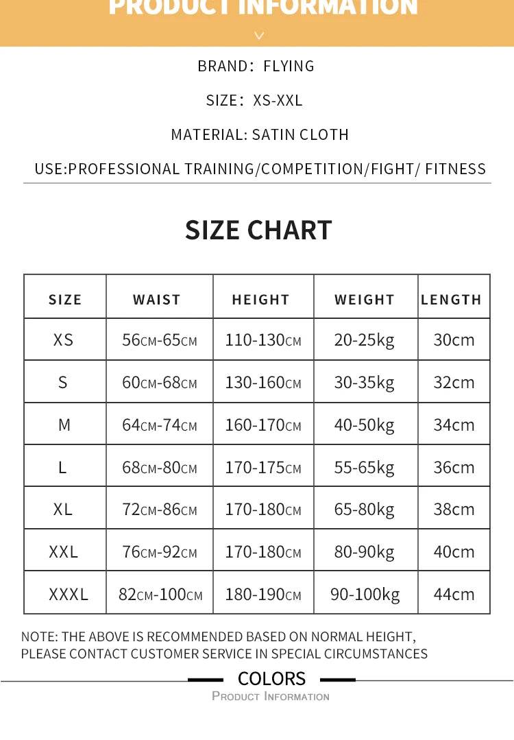 Muay Thai boxing shorts size chart showing sizes XS to XXXL with waist height weight and length
