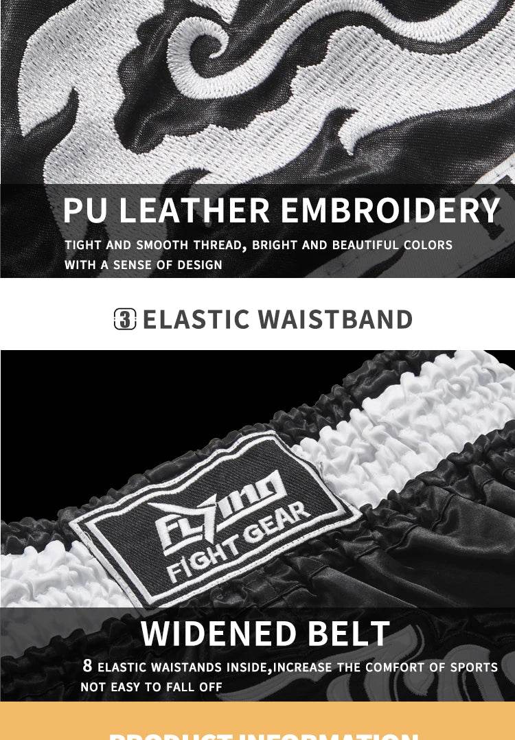 Muay Thai boxing shorts with black white PU leather embroidery elastic widened waistband and Flying Fight Gear label
