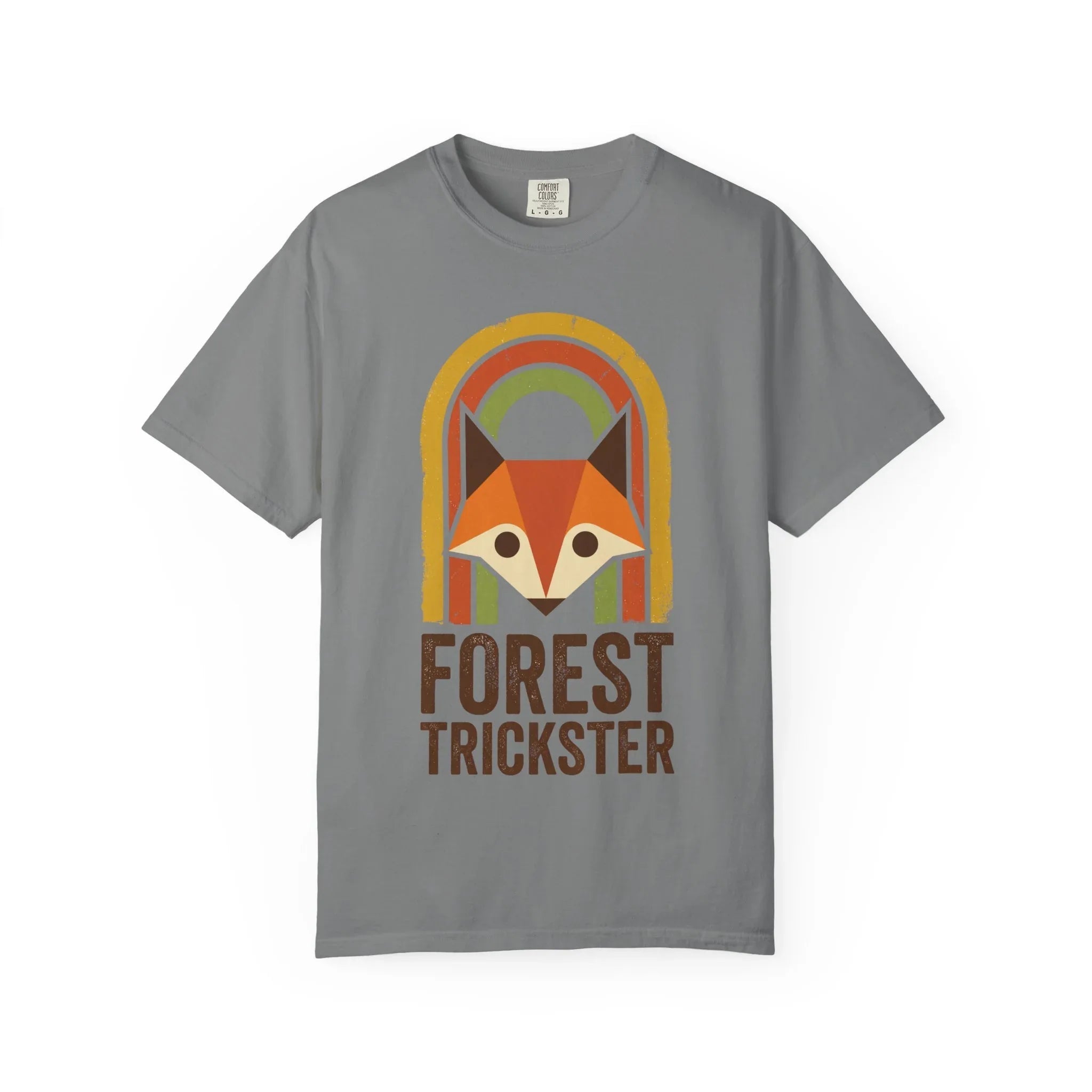 Forest Trickster Fox Shirt Retro Rainbow Woodland Tee Vintage Nature T-Shirt Cottagecore Hiking Camping Cabin Grey