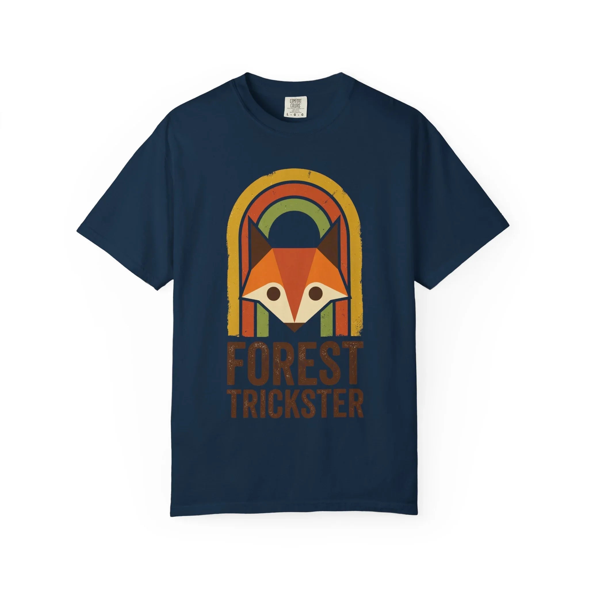 Forest Trickster Fox Shirt Retro Rainbow Woodland Tee Vintage Nature T-Shirt Cottagecore Hiking Camping Cabin True Navy