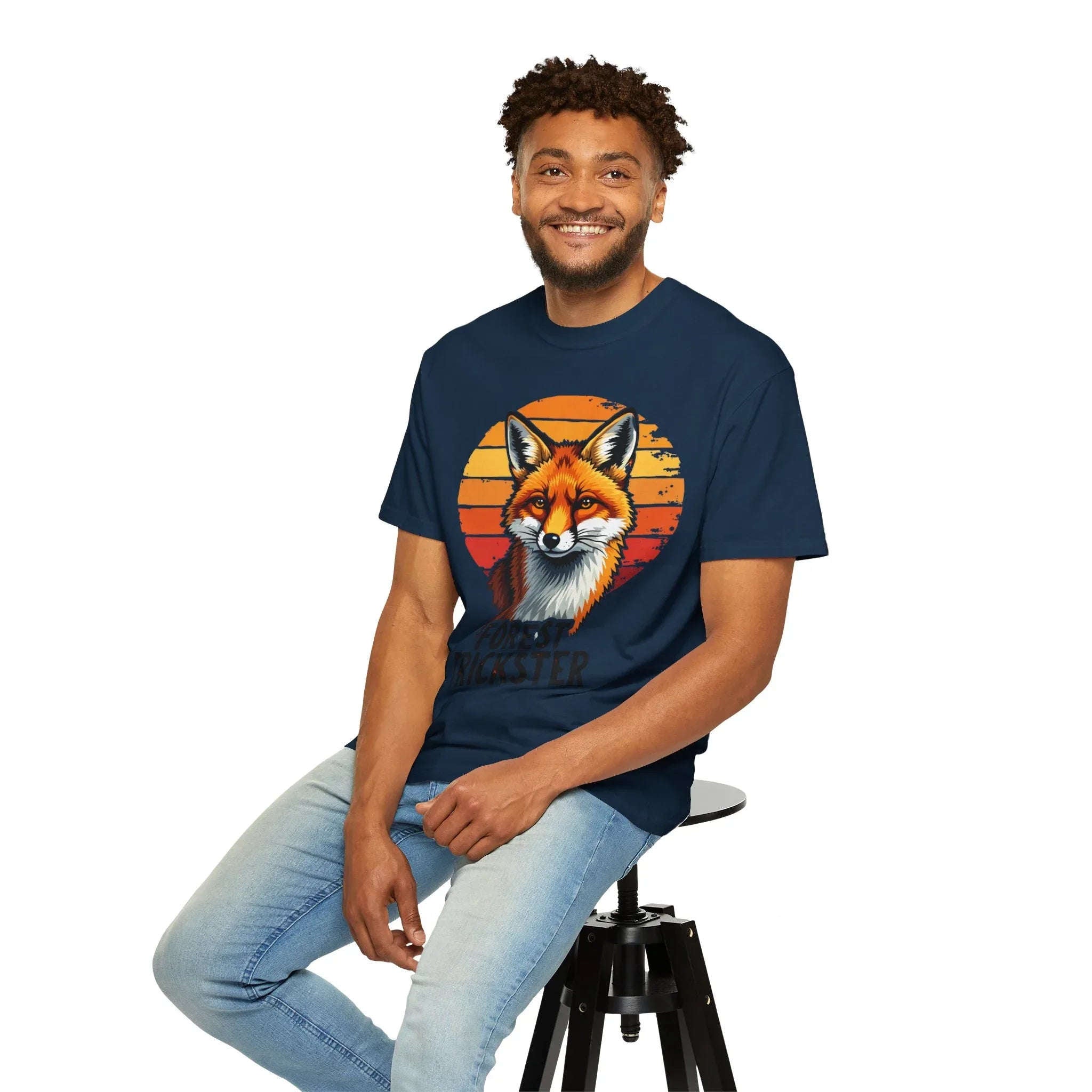 Forest Trickster Fox Shirt, Retro Sunset Wildlife Tee, Vintage Nature Graphic T-Shirt, Camping Hiking Cabin Gift, Woodland Aesthetic True Navy