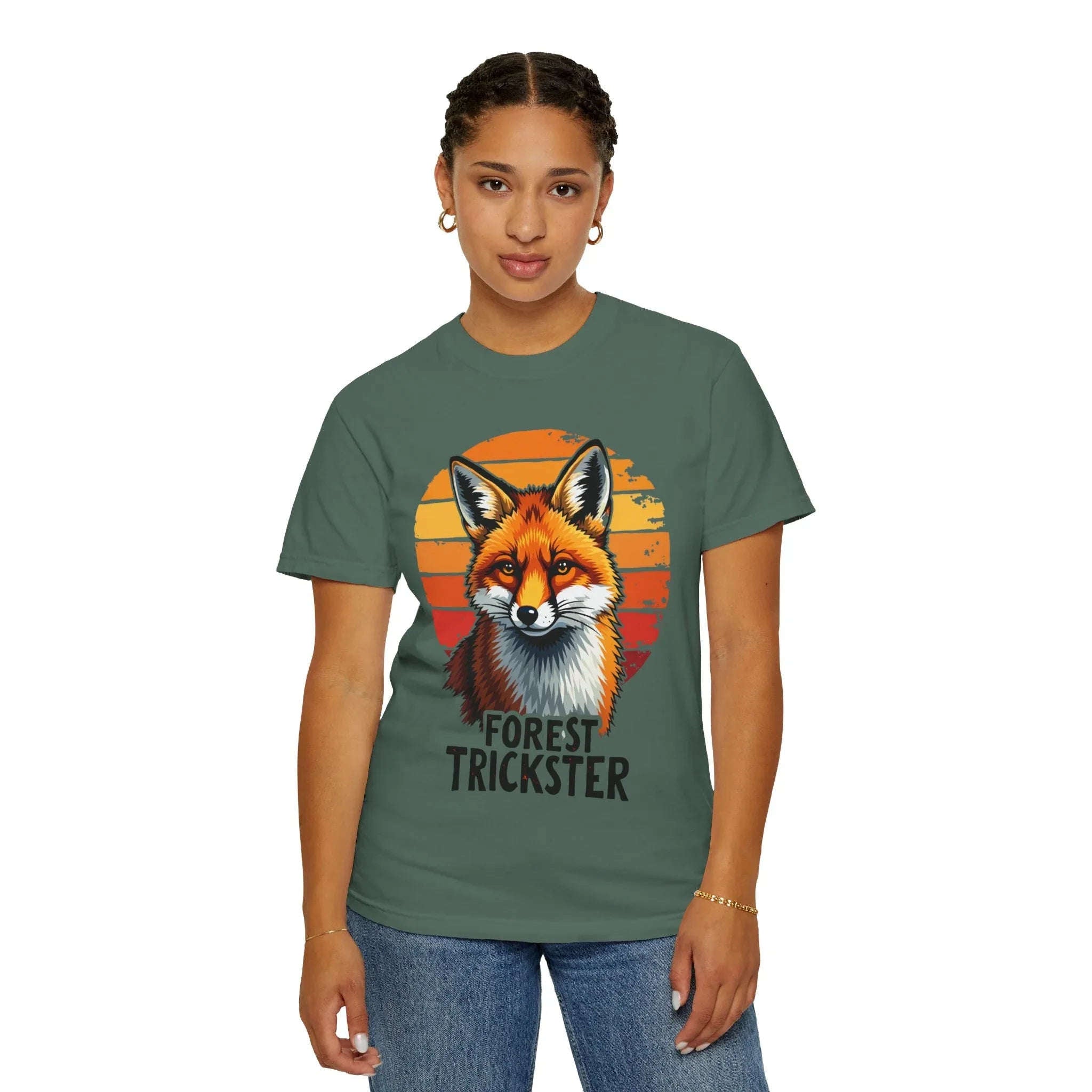 Forest Trickster Fox Shirt, Retro Sunset Wildlife Tee, Vintage Nature Graphic T-Shirt, Camping Hiking Cabin Gift, Woodland Aesthetic Blue Spruce