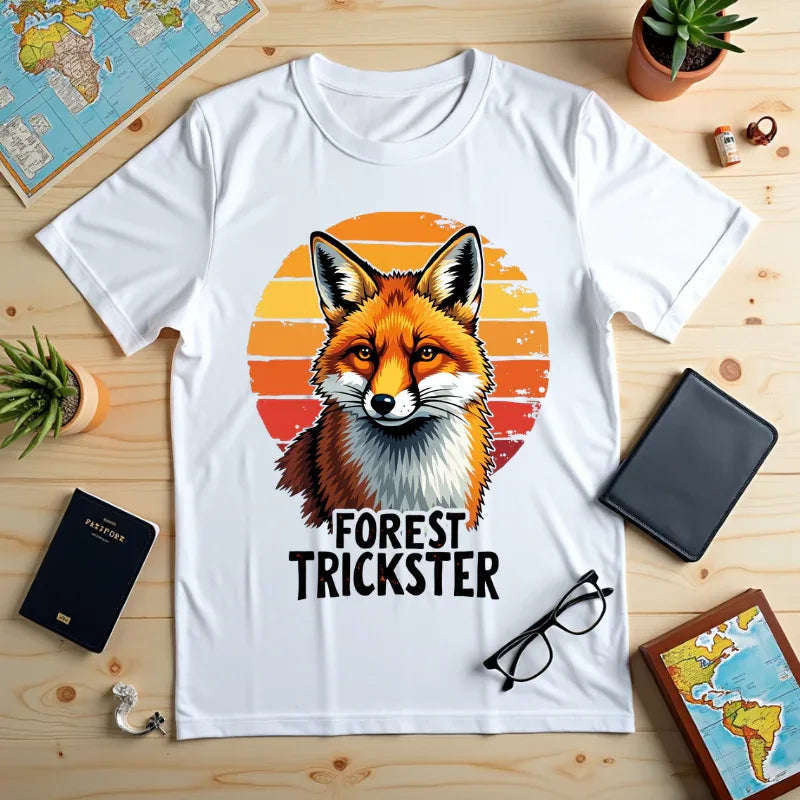 Forest Trickster Fox Shirt, Retro Sunset Wildlife Tee, Vintage Nature Graphic T-Shirt, Camping Hiking Cabin Gift, Woodland Aesthetic White