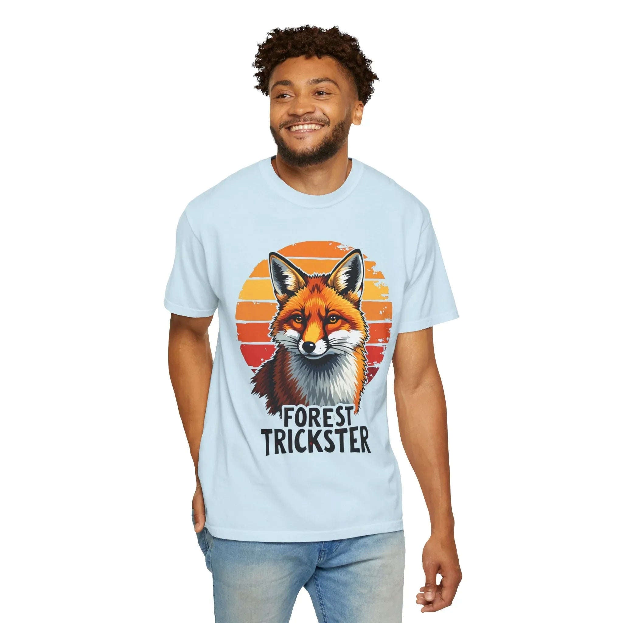 Forest Trickster Fox Shirt, Retro Sunset Wildlife Tee, Vintage Nature Graphic T-Shirt, Camping Hiking Cabin Gift, Woodland Aesthetic Chambray