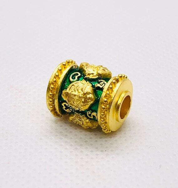 Four-Eared Five-Eyed Amulet - Authentic Thai Talisman Beads for Luck and Protection Gold plated - green enamel