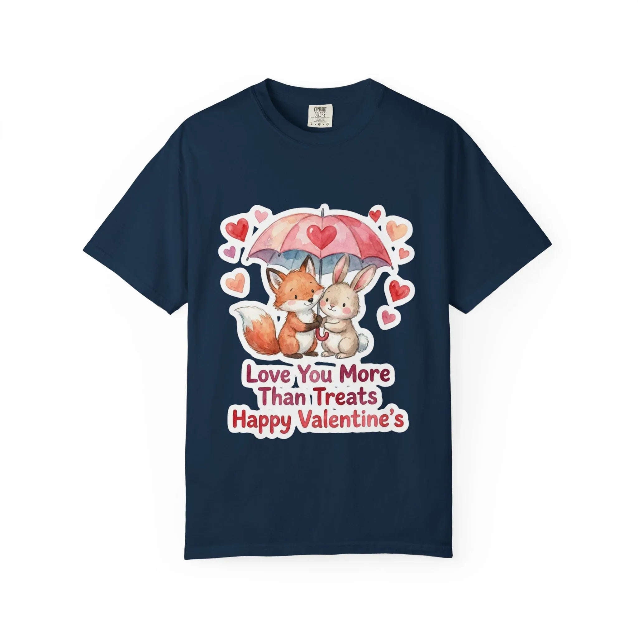 Fox and Bunny Under Umbrella Valentines Naptime T Shirt Cute Watercolor Animal Couple Gift Cozy Vintage Aesthetic Romantic Valentines Day True Navy