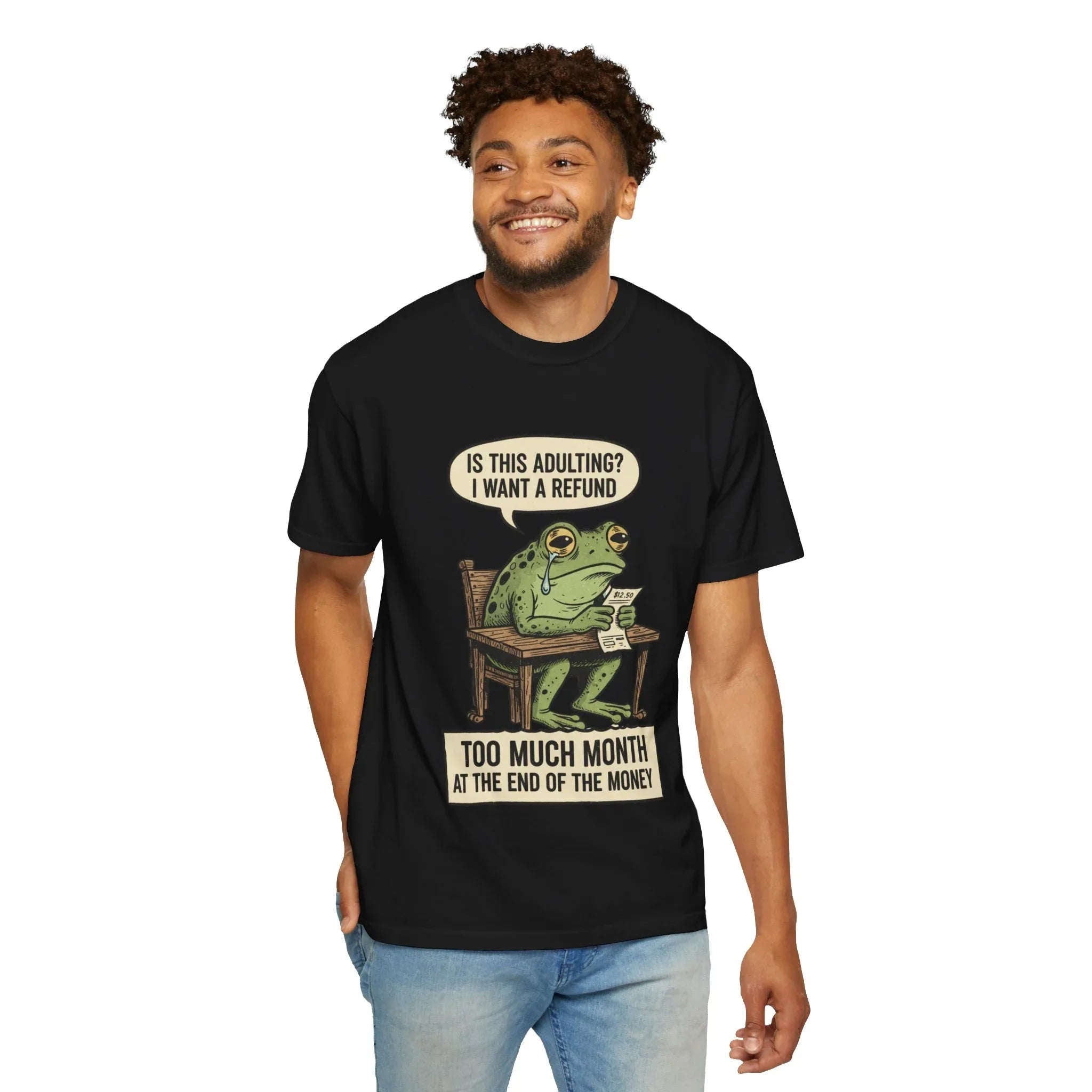 Funny Adulting Shirt - Sad Frog Hoodie - "I Want A Refund On Adulting" Tee - Broke Meme Gift - Financial Humor T-Shirt - Vintage Animal Art Millennial Top