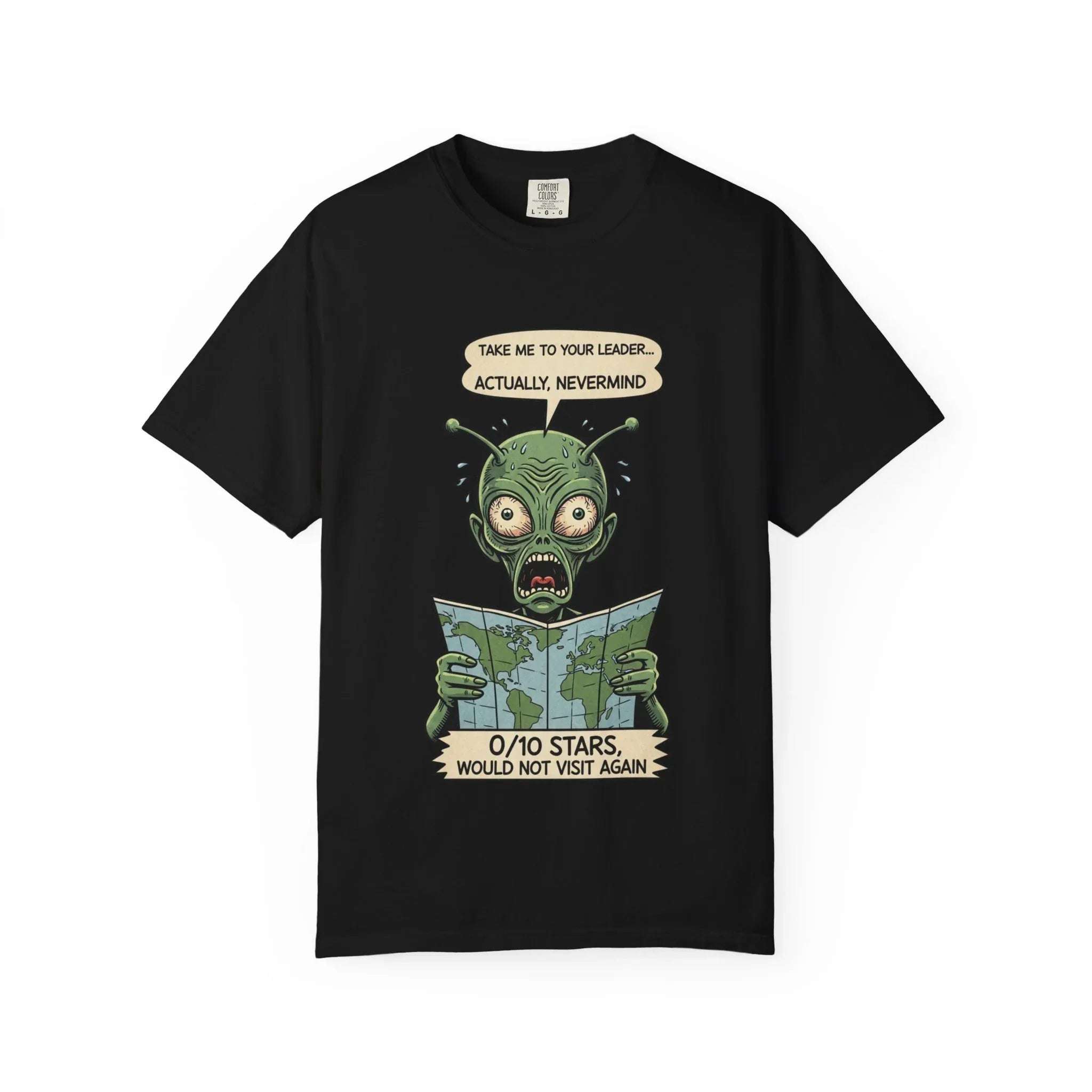 Funny Alien Shirt - Sarcastic Earth Review Tee - Vintage Sci-Fi Lover Gift - 0 Out Of 10 Stars Meme Tshirt - Retro UFO Graphic Top for Introverts Black