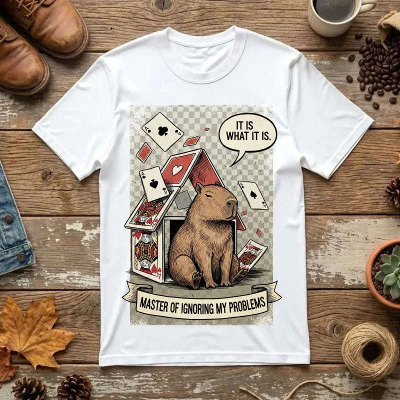 Funny Capybara Shirt - "It Is What It Is" Hoodie - Stoic Animal Gift - Mental Health Awareness Sweatshirt - Ignoring Problems Meme Tee - Chaos Graphic Top White