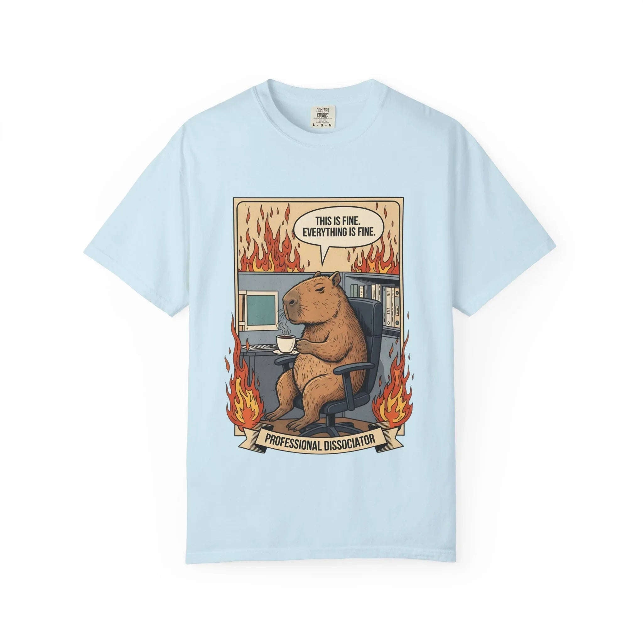 Funny Capybara Shirt - "This Is Fine" Meme Hoodie - Professional Dissociator Gift - Office Humor Graphic Tee - Anxiety & Mental Health Crewneck - Cute Chill Rodent Top Chambray
