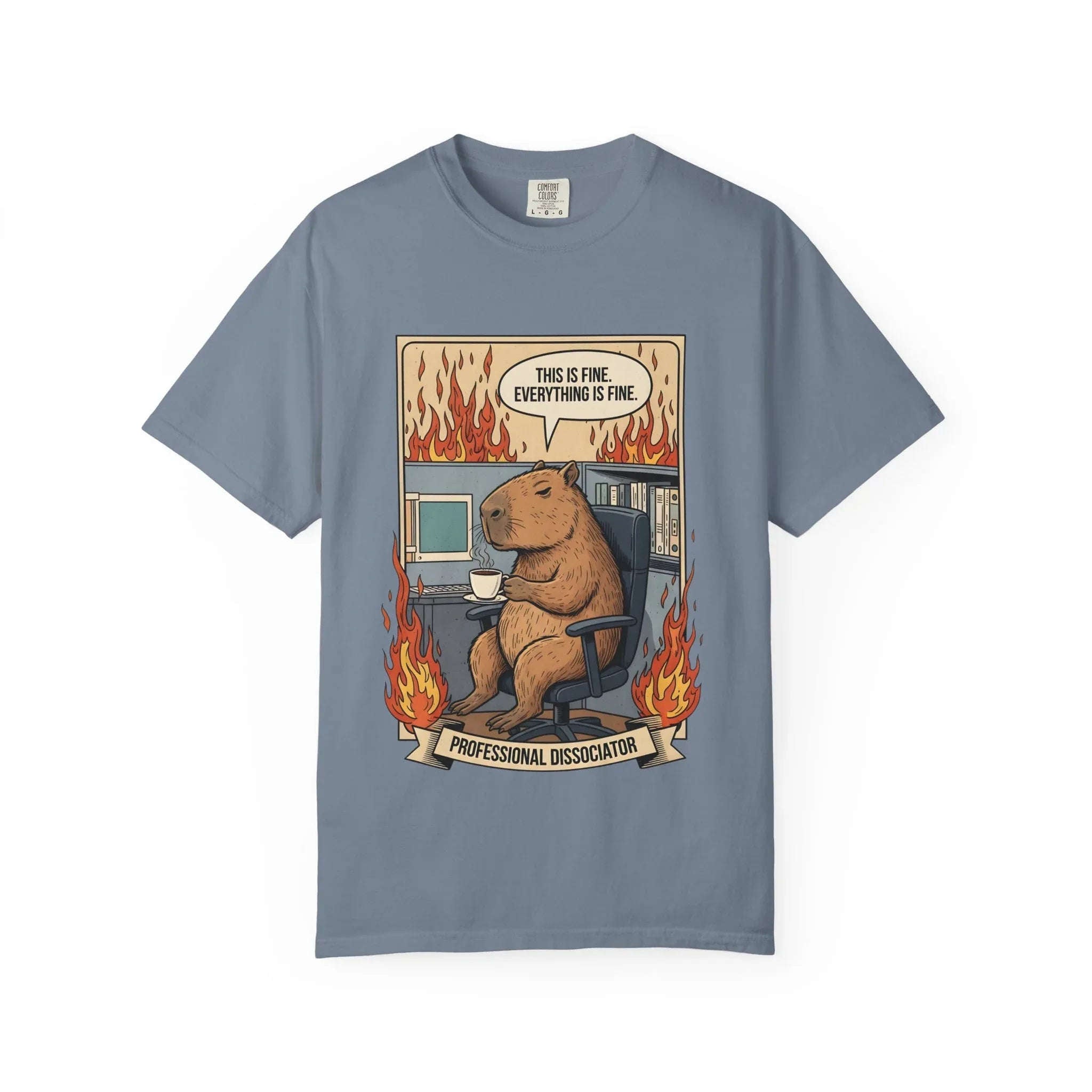 Funny Capybara Shirt - "This Is Fine" Meme Hoodie - Professional Dissociator Gift - Office Humor Graphic Tee - Anxiety & Mental Health Crewneck - Cute Chill Rodent Top Blue Jean