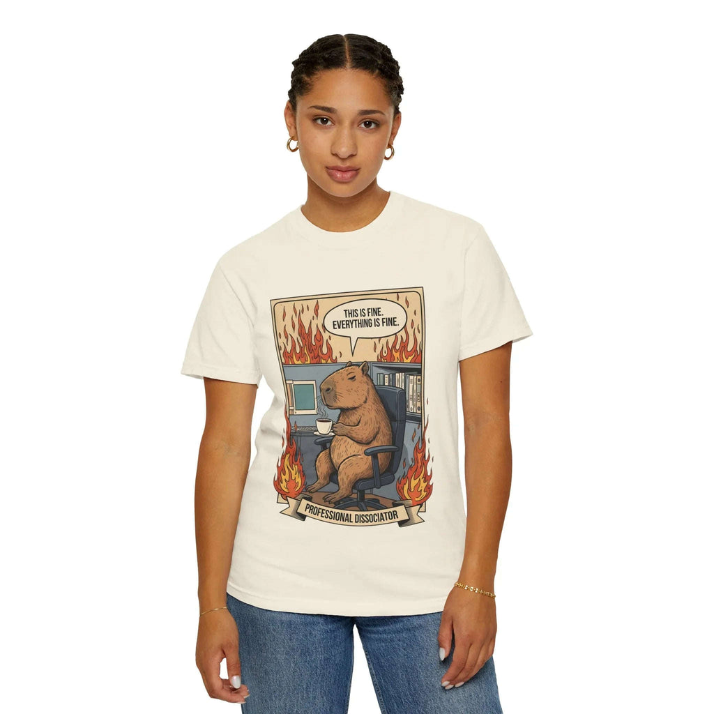 Funny Capybara Shirt - "This Is Fine" Meme Hoodie - Professional Dissociator Gift - Office Humor Graphic Tee - Anxiety & Mental Health Crewneck - Cute Chill Rodent Top