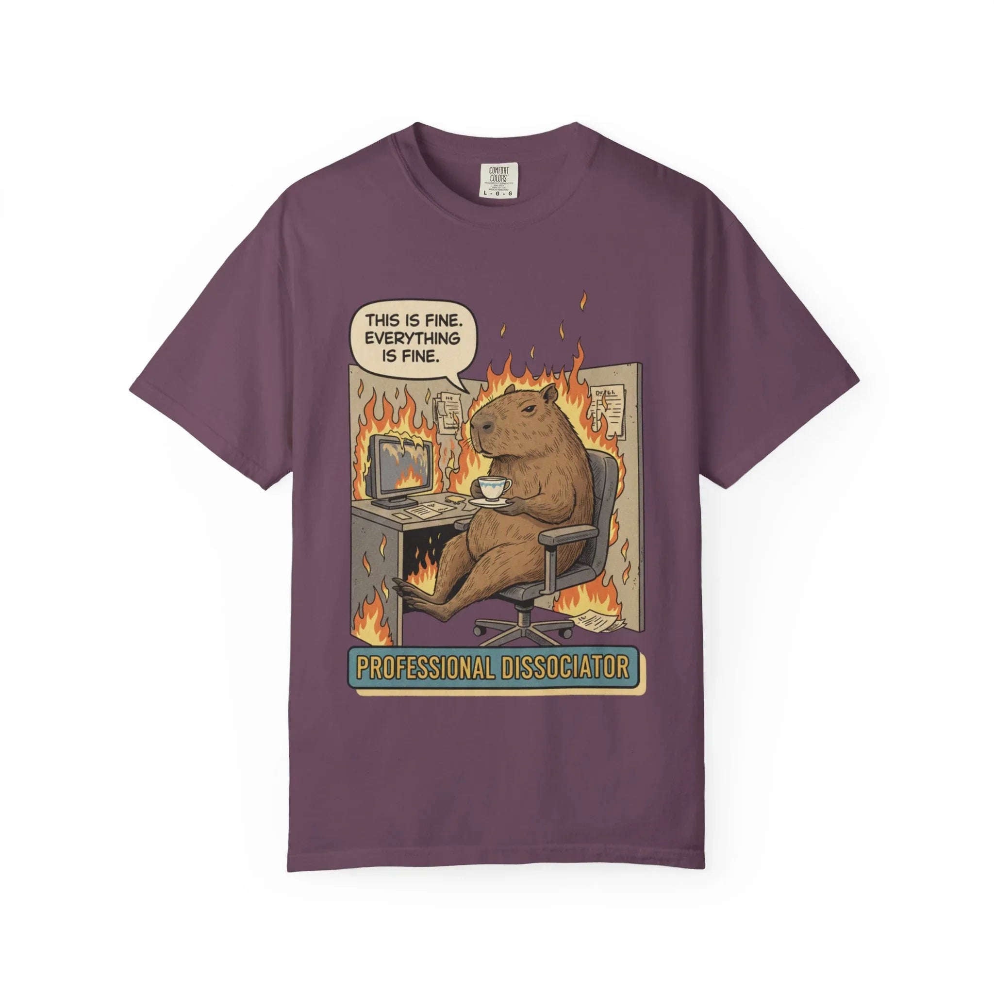 Funny Capybara "This Is Fine" Shirt - Professional Dissociator Tee - Mental Health Meme T-Shirt - Sarcastic Office Humor Gift - Relatable Corporate Grind Apparel Berry M