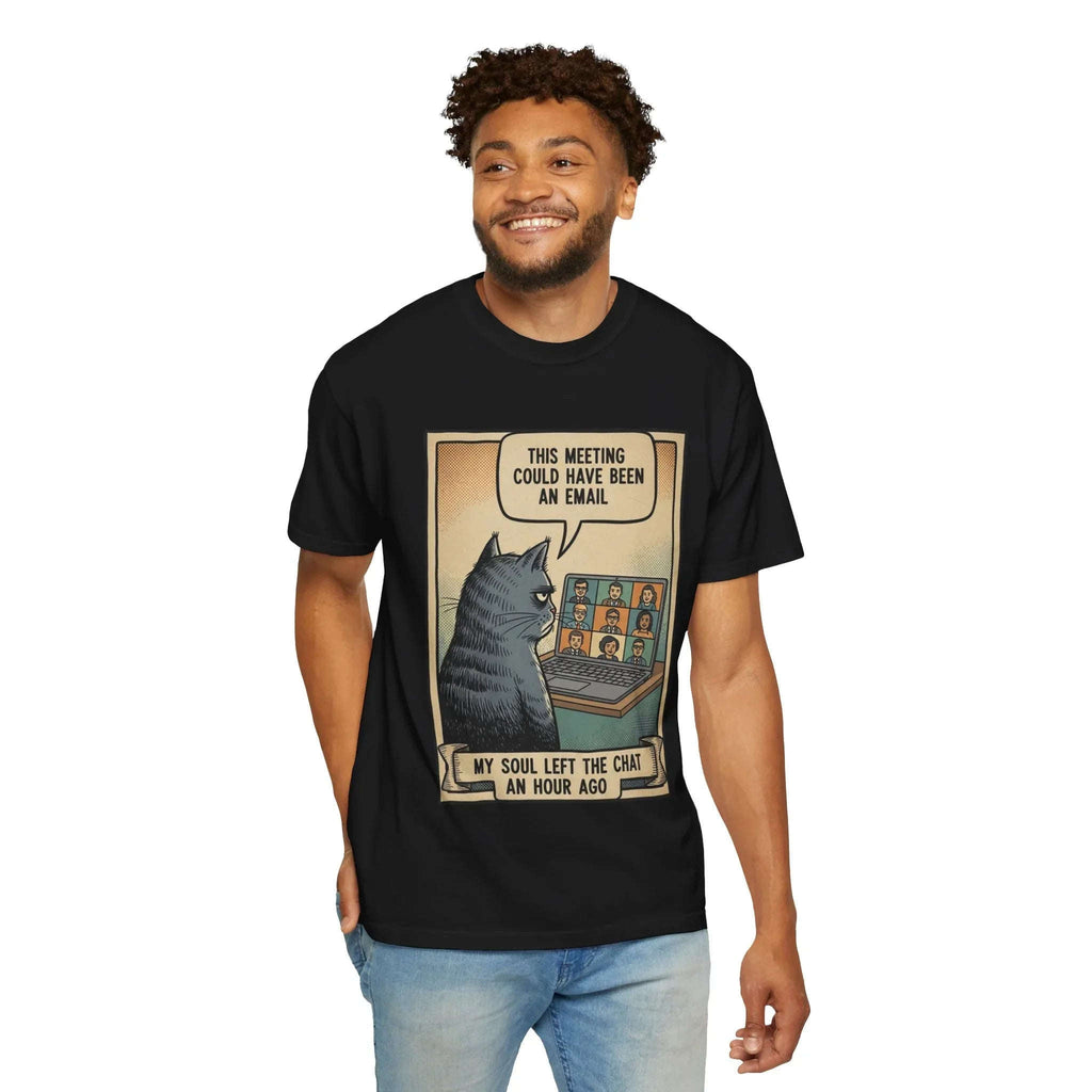 Funny Cat Work Shirt - "My Soul Left The Chat" Sarcastic Tee - Office Humor Gift for Coworker - Video Call Fatigue Meme Top - Work From Home (WFH) Uniform