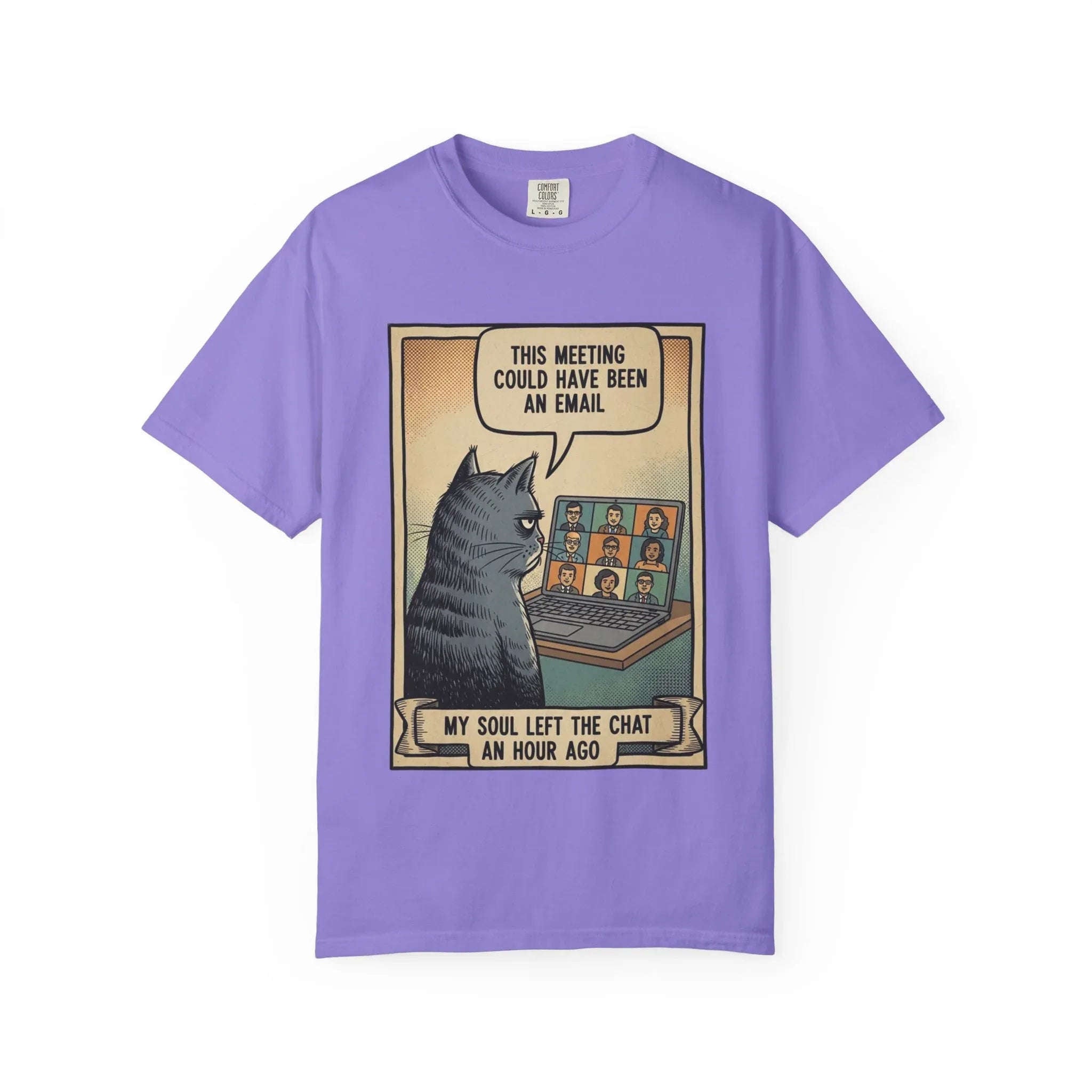 Funny Cat Work Shirt - "My Soul Left The Chat" Sarcastic Tee - Office Humor Gift for Coworker - Video Call Fatigue Meme Top - Work From Home (WFH) Uniform Violet