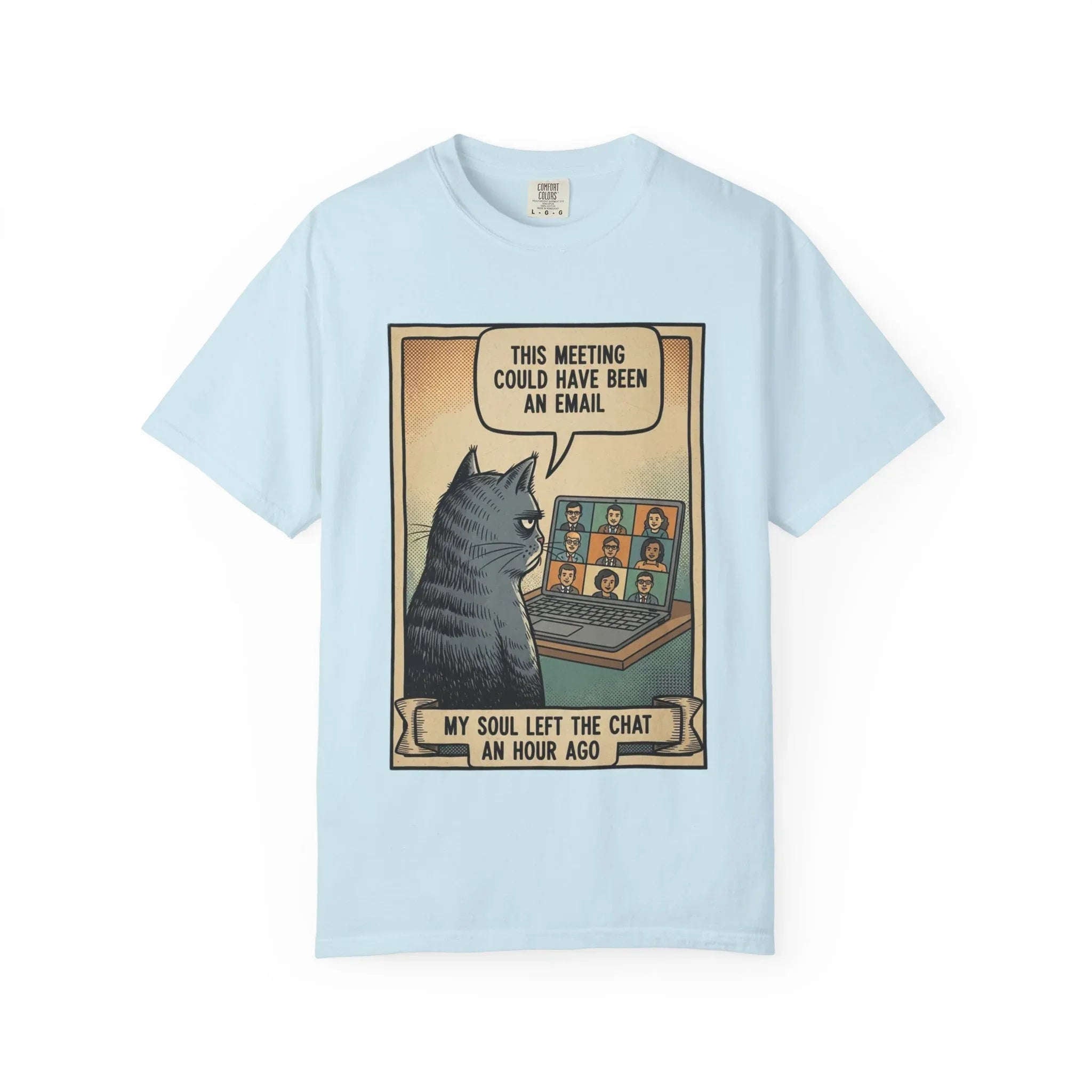 Funny Cat Work Shirt - "My Soul Left The Chat" Sarcastic Tee - Office Humor Gift for Coworker - Video Call Fatigue Meme Top - Work From Home (WFH) Uniform Chambray
