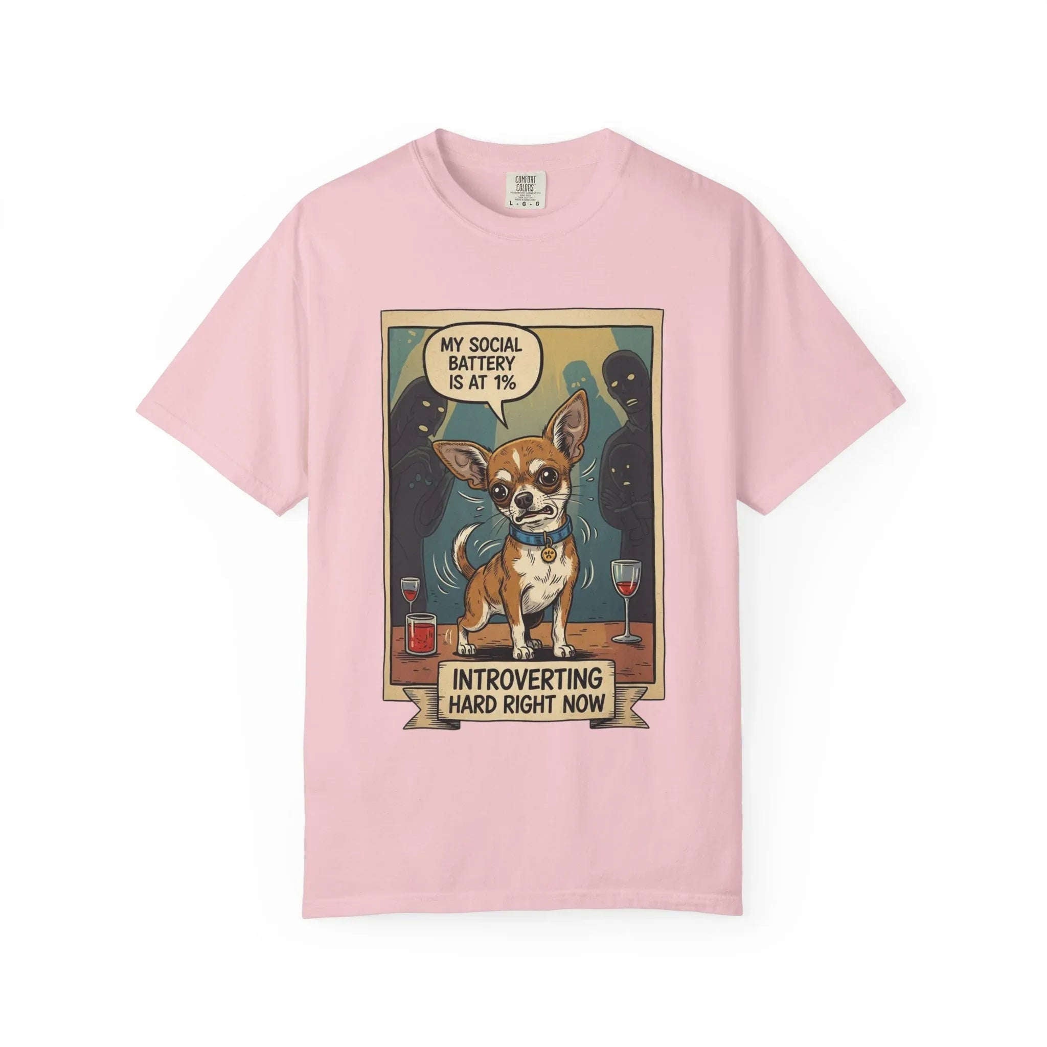 Funny Chihuahua Shirt - "Social Battery 1 Percent" Introvert Tee - Sarcastic Dog Mom Gift - Retro Graphic T-Shirt - Humorous Dog Lover "Introverting Hard" Top Blossom