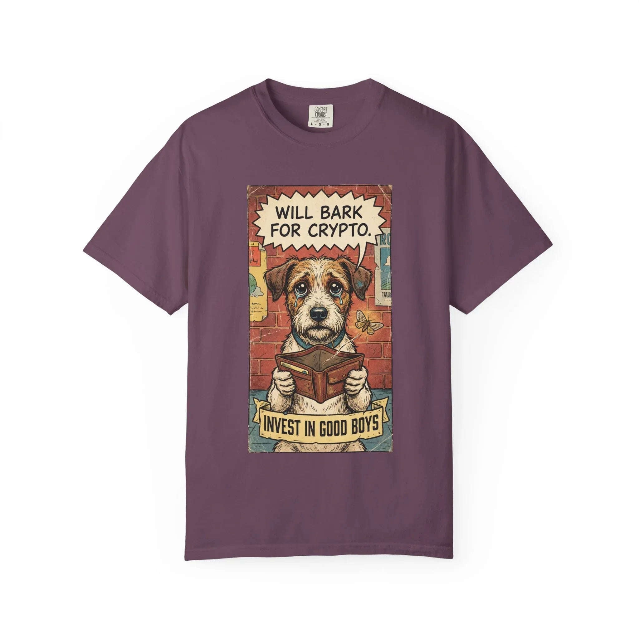 Funny Crypto Dog Shirt - Vintage Dogecoin Bitcoin Investor Gift - "Will Bark for Crypto" Graphic Tee - Retro Satirical Meme Clothing - HODL & Buy the Dip T-Shirt Berry