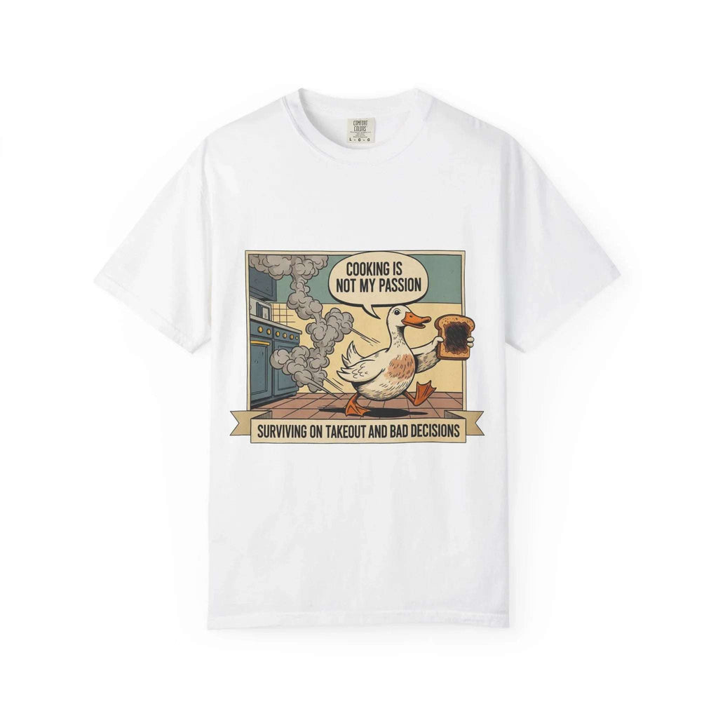 Funny Duck Cooking Shirt - "Cooking Is Not My Passion" Retro Tee - Sarcastic Kitchen Fail Graphic T-Shirt - Vintage Cartoon Foodie Gift - Surviving On Takeout Humorous Top