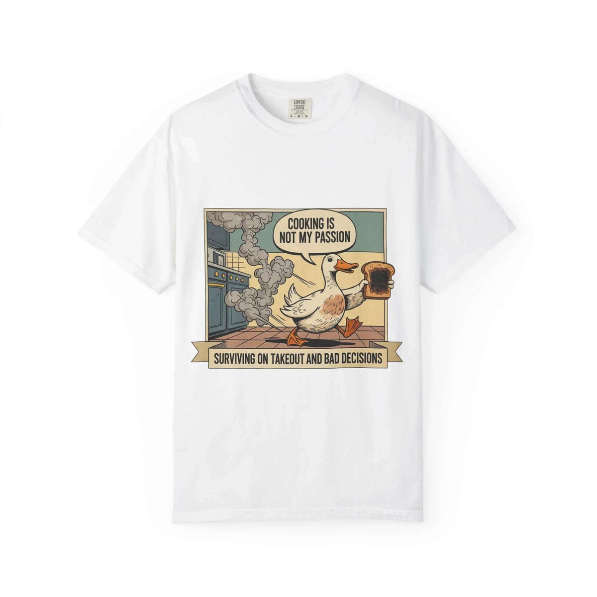 Funny Duck Cooking Shirt - "Cooking Is Not My Passion" Retro Tee - Sarcastic Kitchen Fail Graphic T-Shirt - Vintage Cartoon Foodie Gift - Surviving On Takeout Humorous Top