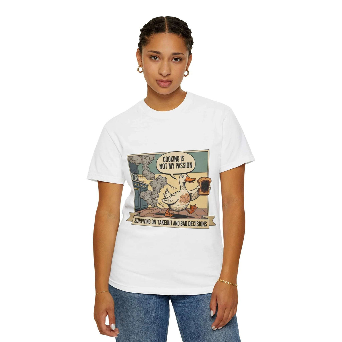 Funny Duck Cooking Shirt - "Cooking Is Not My Passion" Retro Tee - Sarcastic Kitchen Fail Graphic T-Shirt - Vintage Cartoon Foodie Gift - Surviving On Takeout Humorous Top