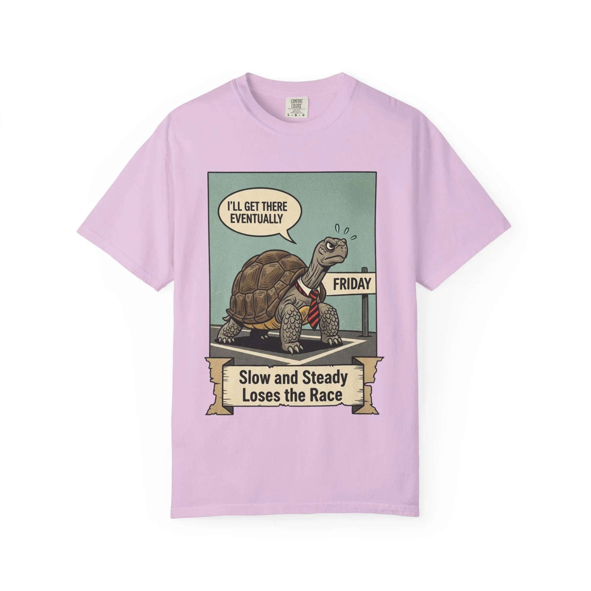 Funny Friday Shirt - Office Humor T-Shirt - Corporate Turtle Tee - Weekend Vibes Gift - "Slow and Steady Loses the Race" - Retro Animal Art Work Sarcasm Top Orchid