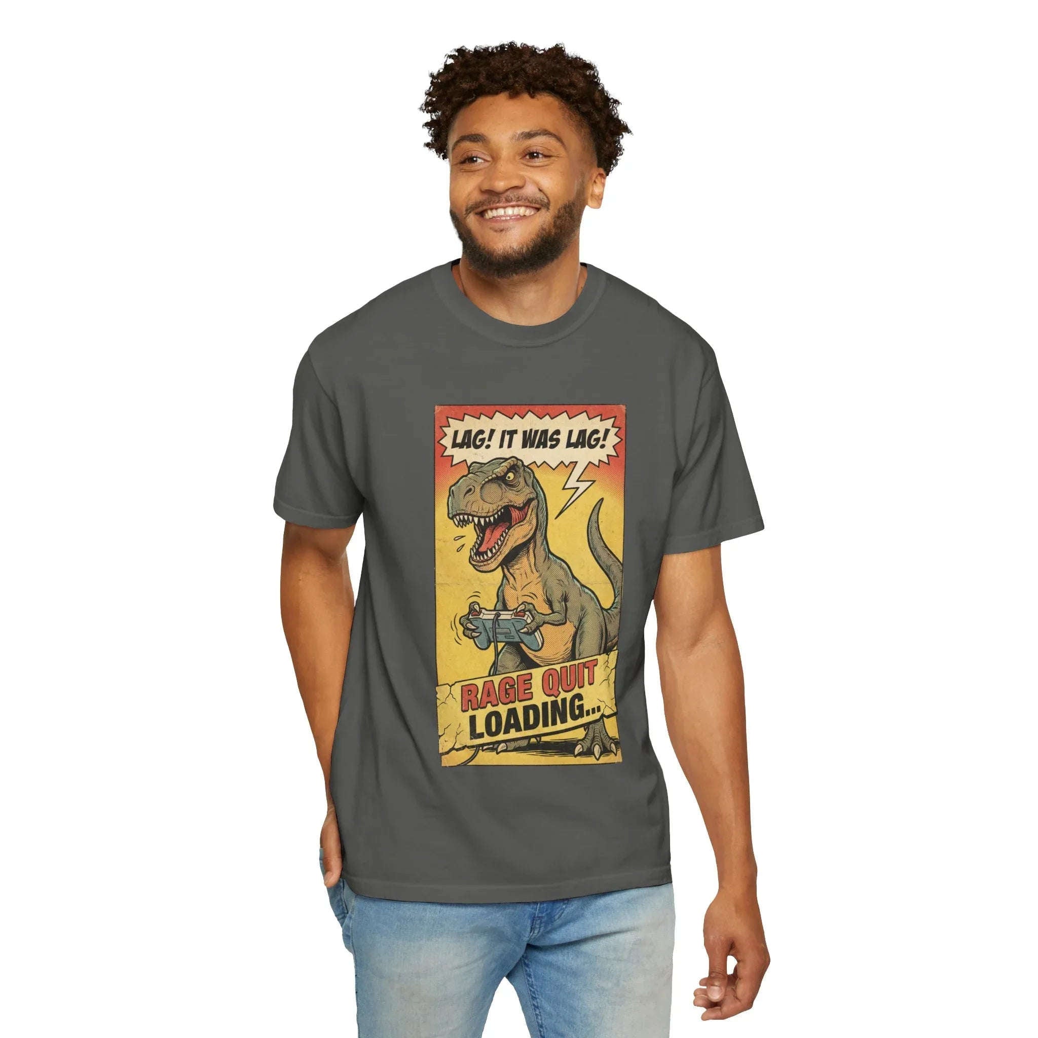 Funny Gamer T-Rex Shirt - "Lag! It Was Lag!" Retro Gaming Tee - Sarcastic Rage Quit Loading Dinosaur T-Shirt - Vintage Console Gamer Gift - Funny Video Game Graphic Apparel Pepper