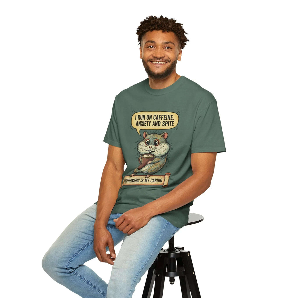 Funny Hamster Coffee Shirt - "Overthinking is My Cardio" T-Shirt - Caffeine Anxiety and Spite Gift - Sarcastic Mental Health Tee - Retro Jittery Hamster Graphic Top
