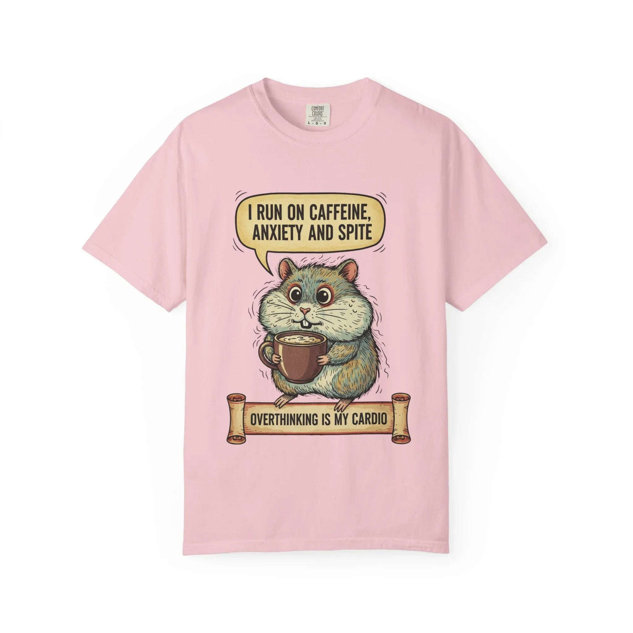 Funny Hamster Coffee Shirt - "Overthinking is My Cardio" T-Shirt - Caffeine Anxiety and Spite Gift - Sarcastic Mental Health Tee - Retro Jittery Hamster Graphic Top Blossom