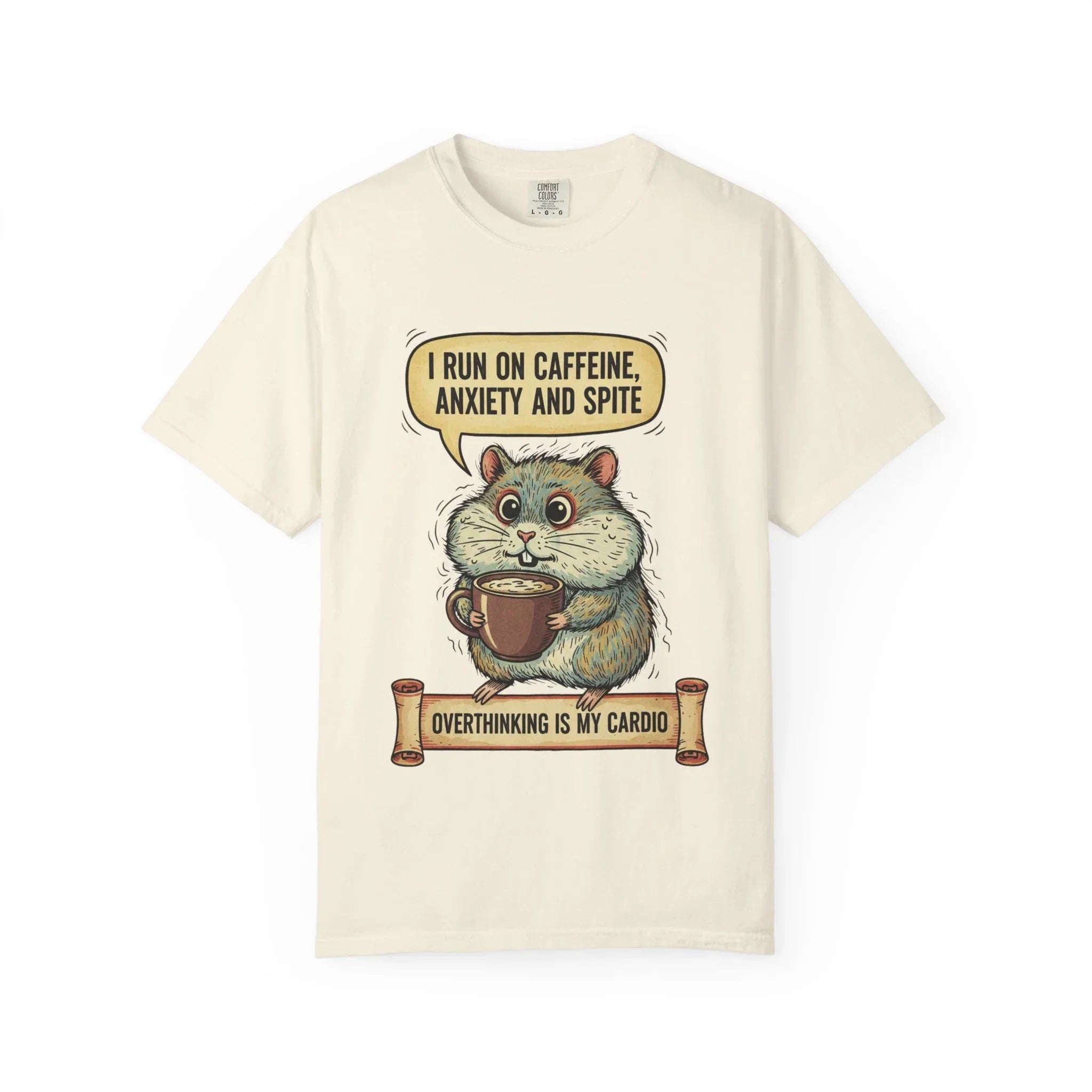 Funny Hamster Coffee Shirt - "Overthinking is My Cardio" T-Shirt - Caffeine Anxiety and Spite Gift - Sarcastic Mental Health Tee - Retro Jittery Hamster Graphic Top Ivory