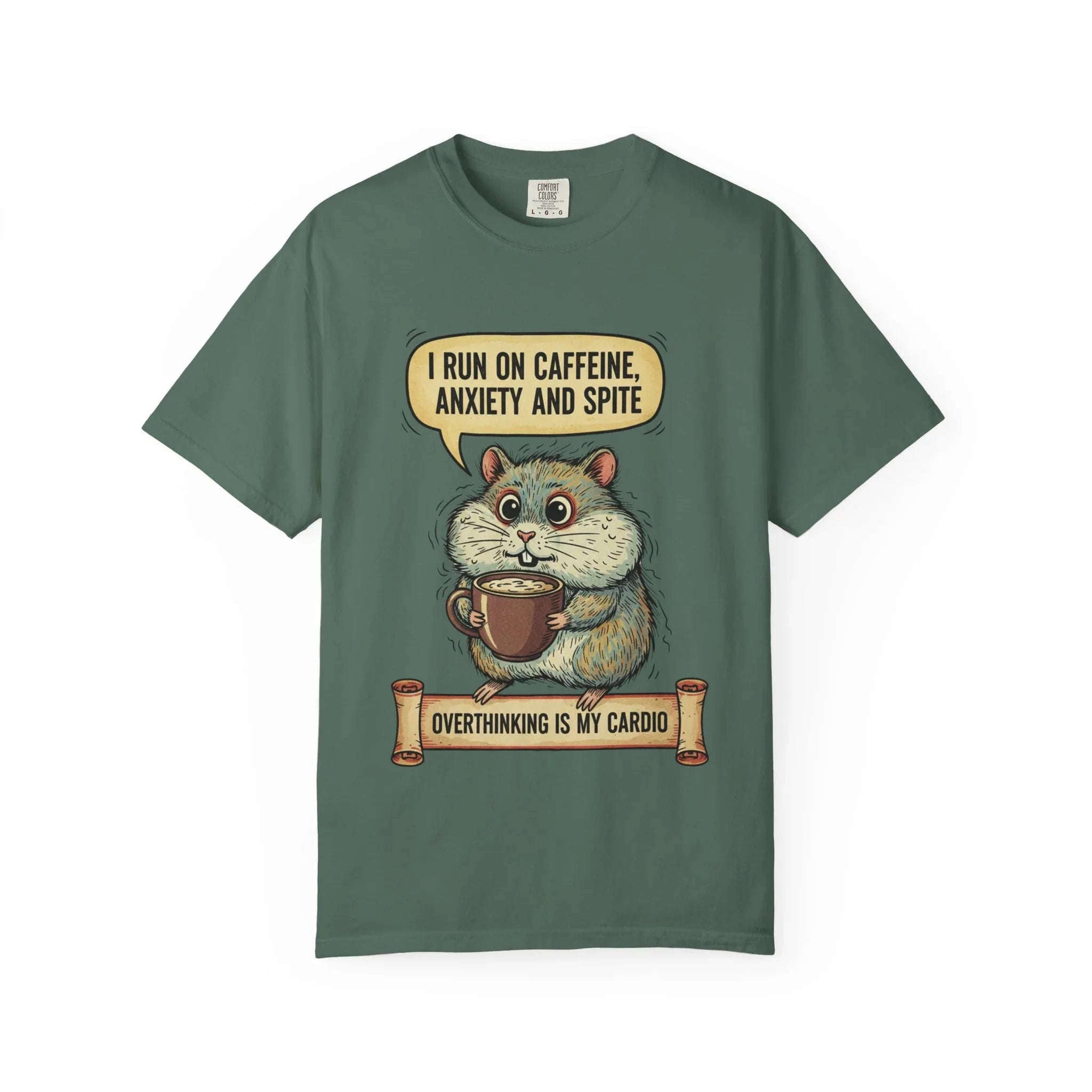 Funny Hamster Coffee Shirt - "Overthinking is My Cardio" T-Shirt - Caffeine Anxiety and Spite Gift - Sarcastic Mental Health Tee - Retro Jittery Hamster Graphic Top Blue Spruce