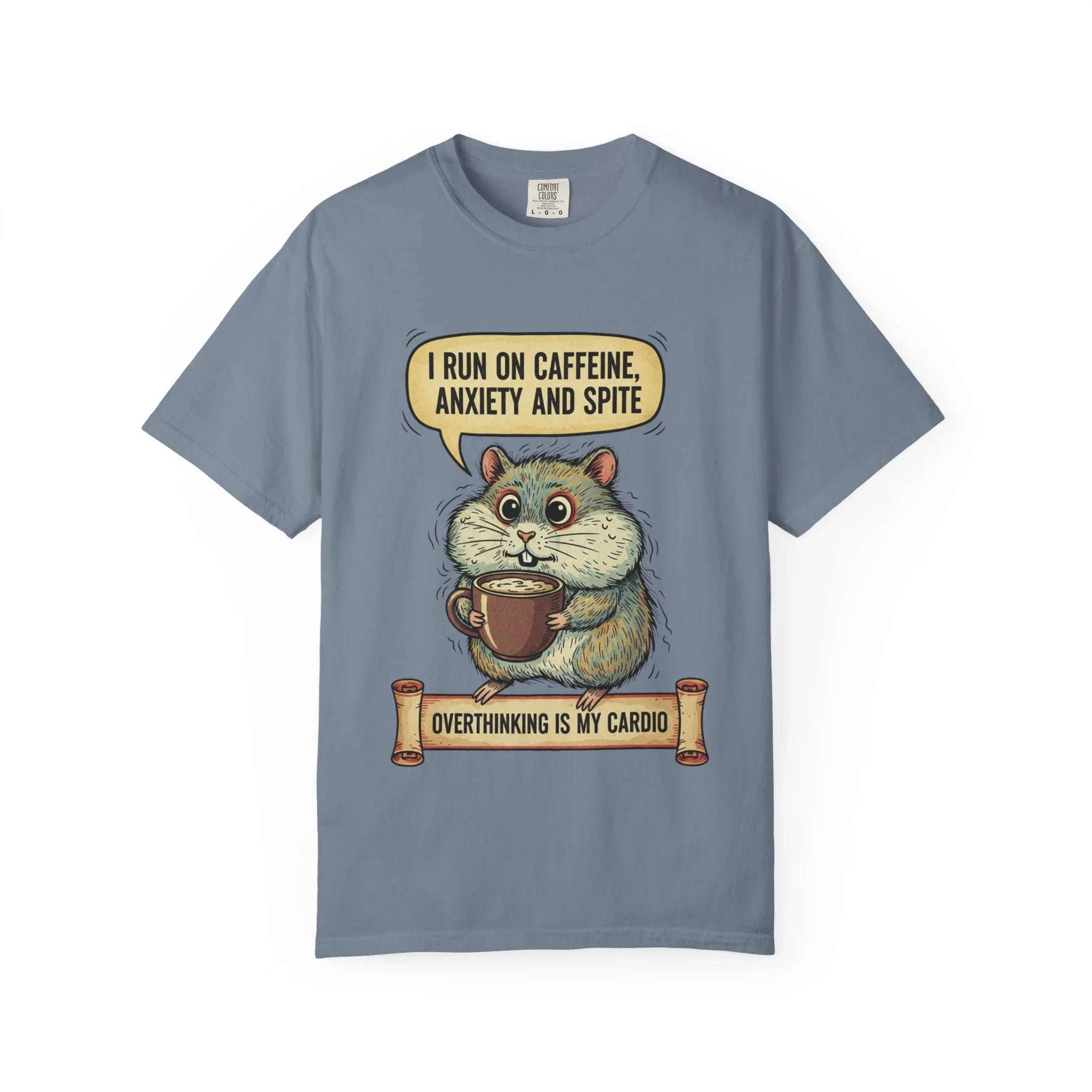 Funny Hamster Coffee Shirt - "Overthinking is My Cardio" T-Shirt - Caffeine Anxiety and Spite Gift - Sarcastic Mental Health Tee - Retro Jittery Hamster Graphic Top Blue Jean
