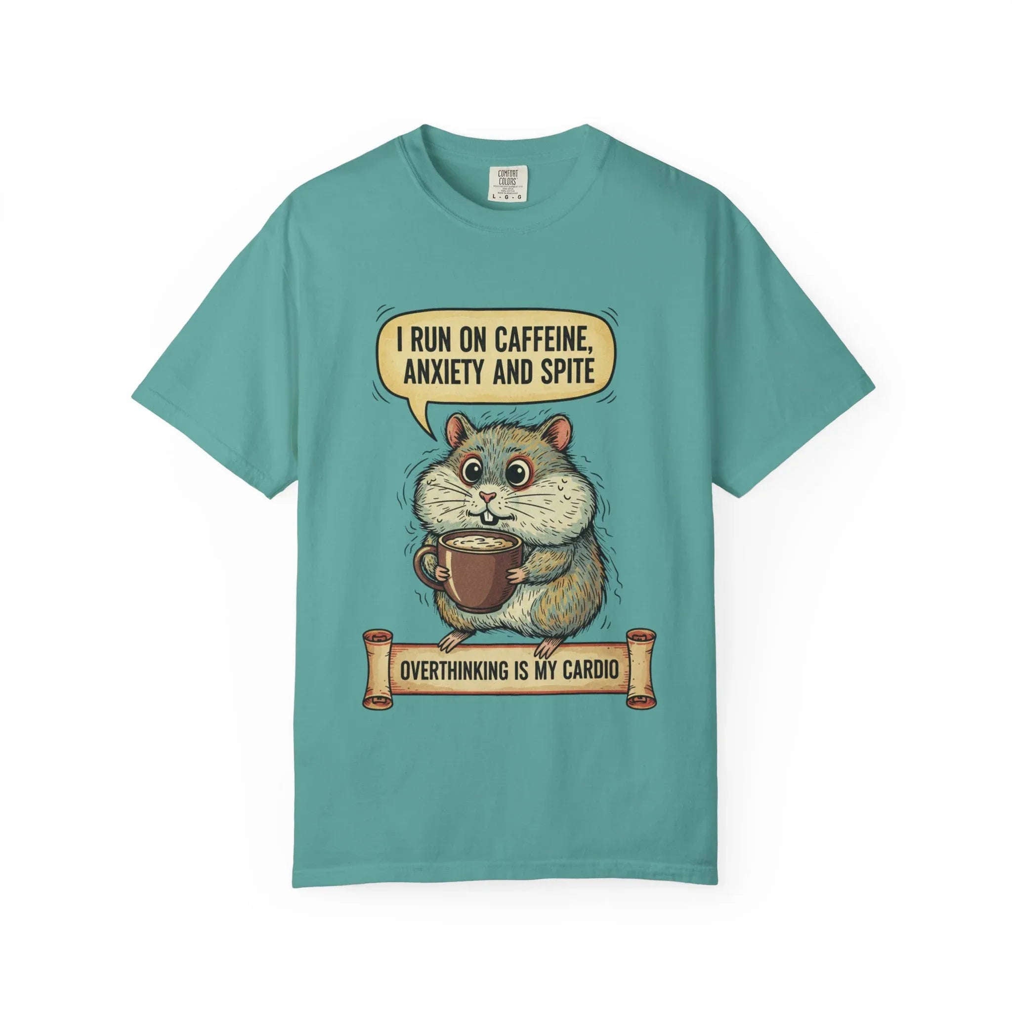 Funny Hamster Coffee Shirt - "Overthinking is My Cardio" T-Shirt - Caffeine Anxiety and Spite Gift - Sarcastic Mental Health Tee - Retro Jittery Hamster Graphic Top Seafoam