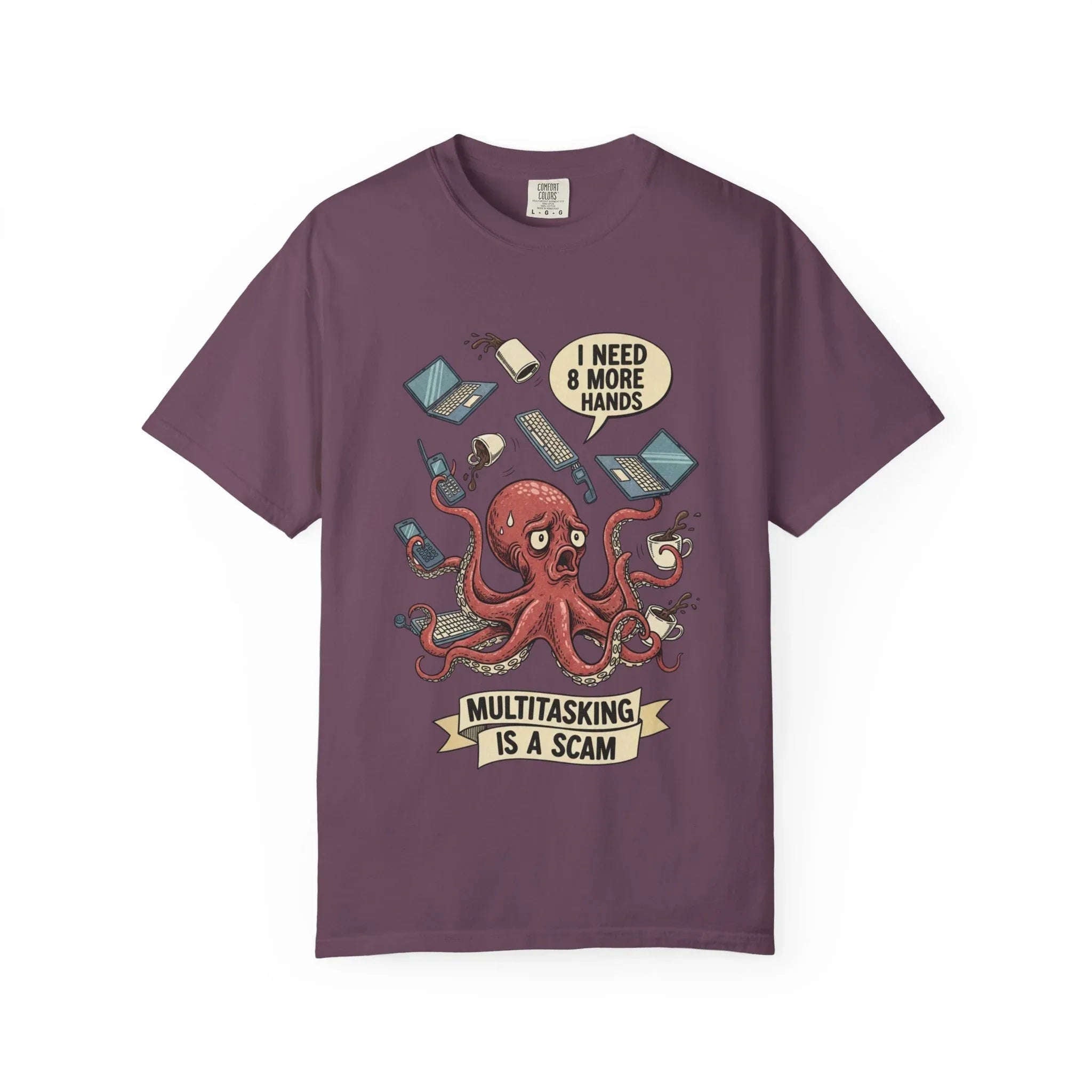 Funny Octopus Shirt - "Multitasking Is A Scam" T-Shirt - Vintage Work Humor Tee - Office Gift for Coworker - Burnout Graphic Tee - Retro Cartoon Top Berry M