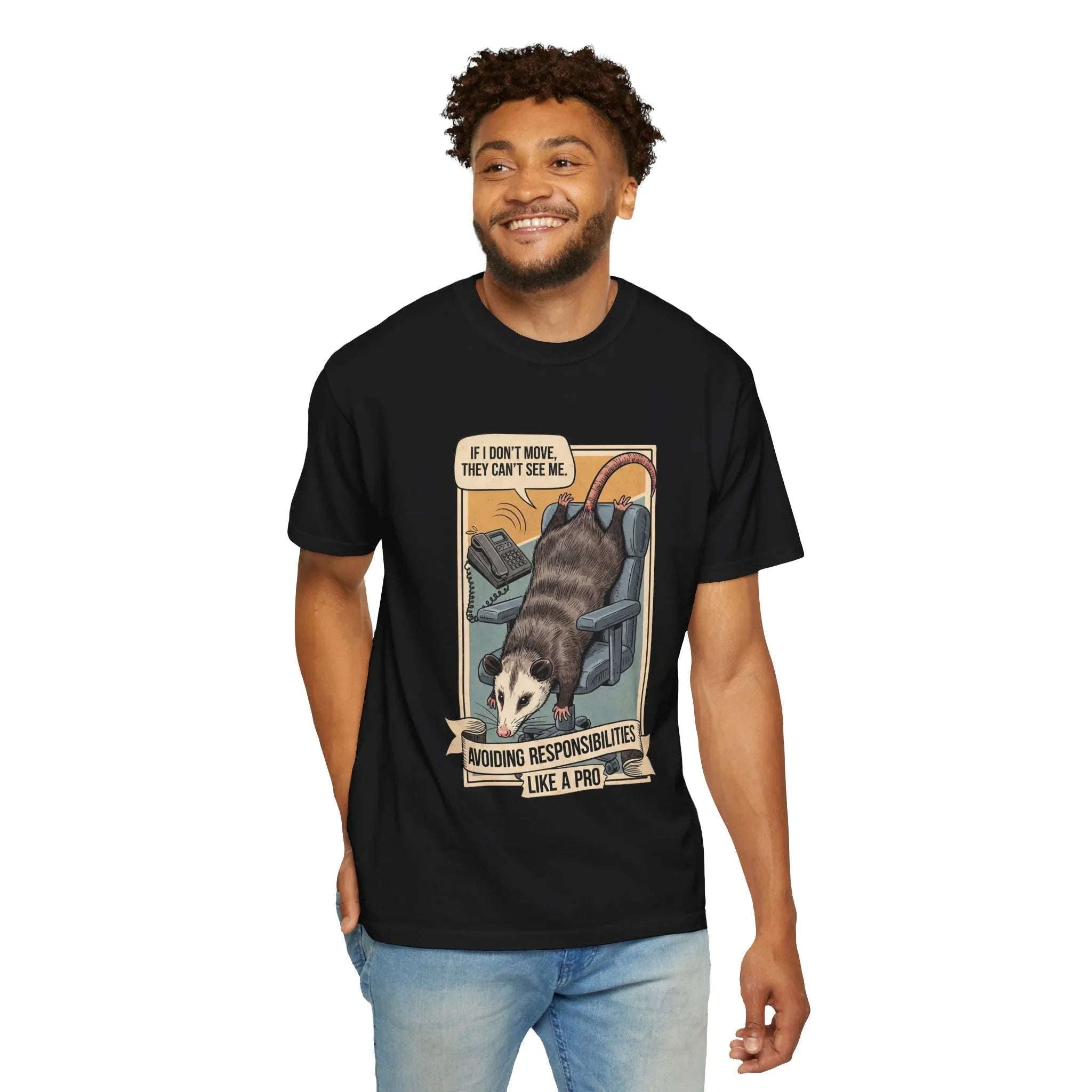 Funny Opossum Avoiding Responsibilities Shirt - Sarcastic Office Humor T-Shirt - Coworker Procrastination Gift - Introvert Work From Home Tee - Retro "Playing Dead" Possum Graphic Black