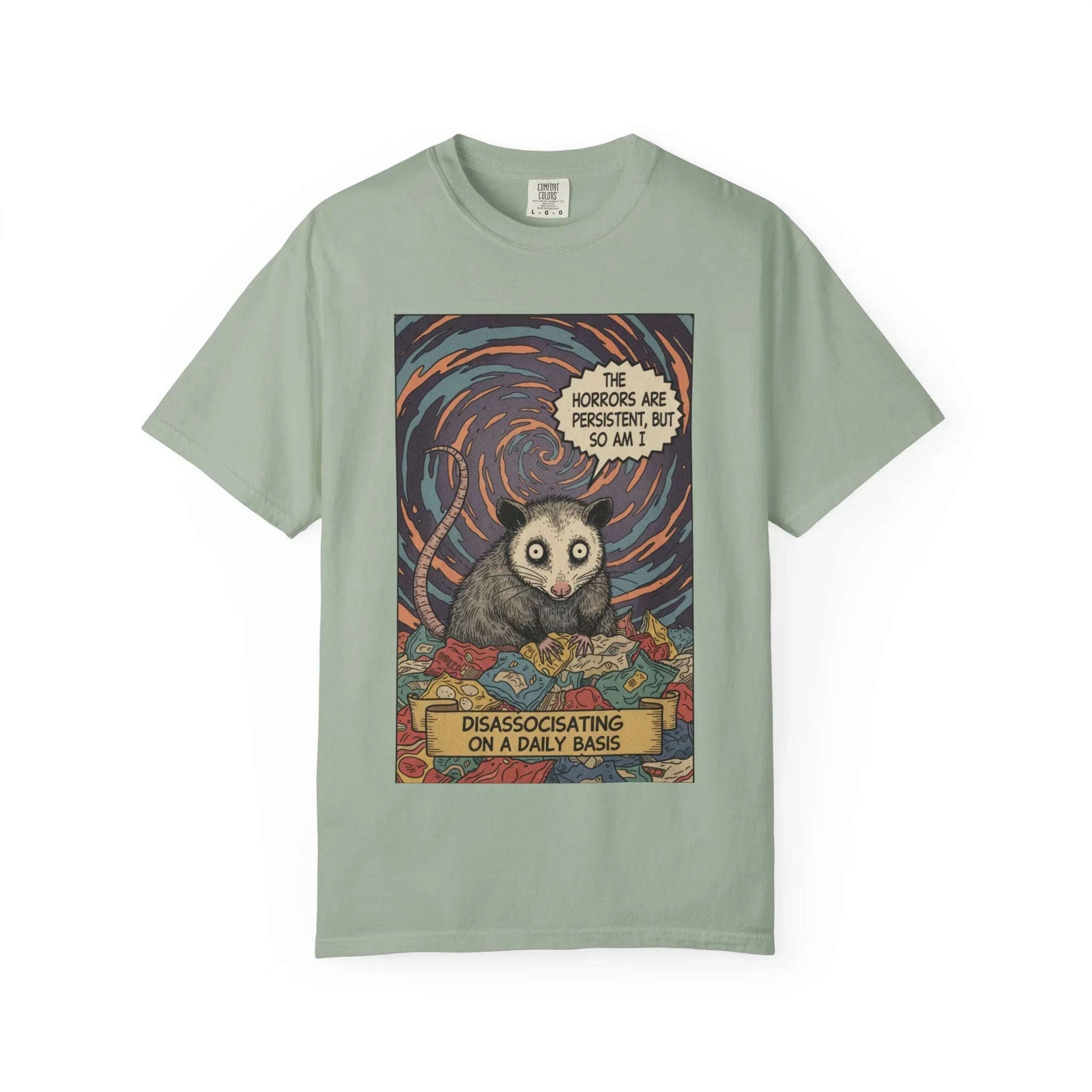 Funny Opossum Shirt - "The Horrors Are Persistent But So Am I" T-Shirt - Dissociating Daily Meme Tee - Retro Possum Art Weirdcore Graphic - Sarcastic Mental Health Apparel Bay