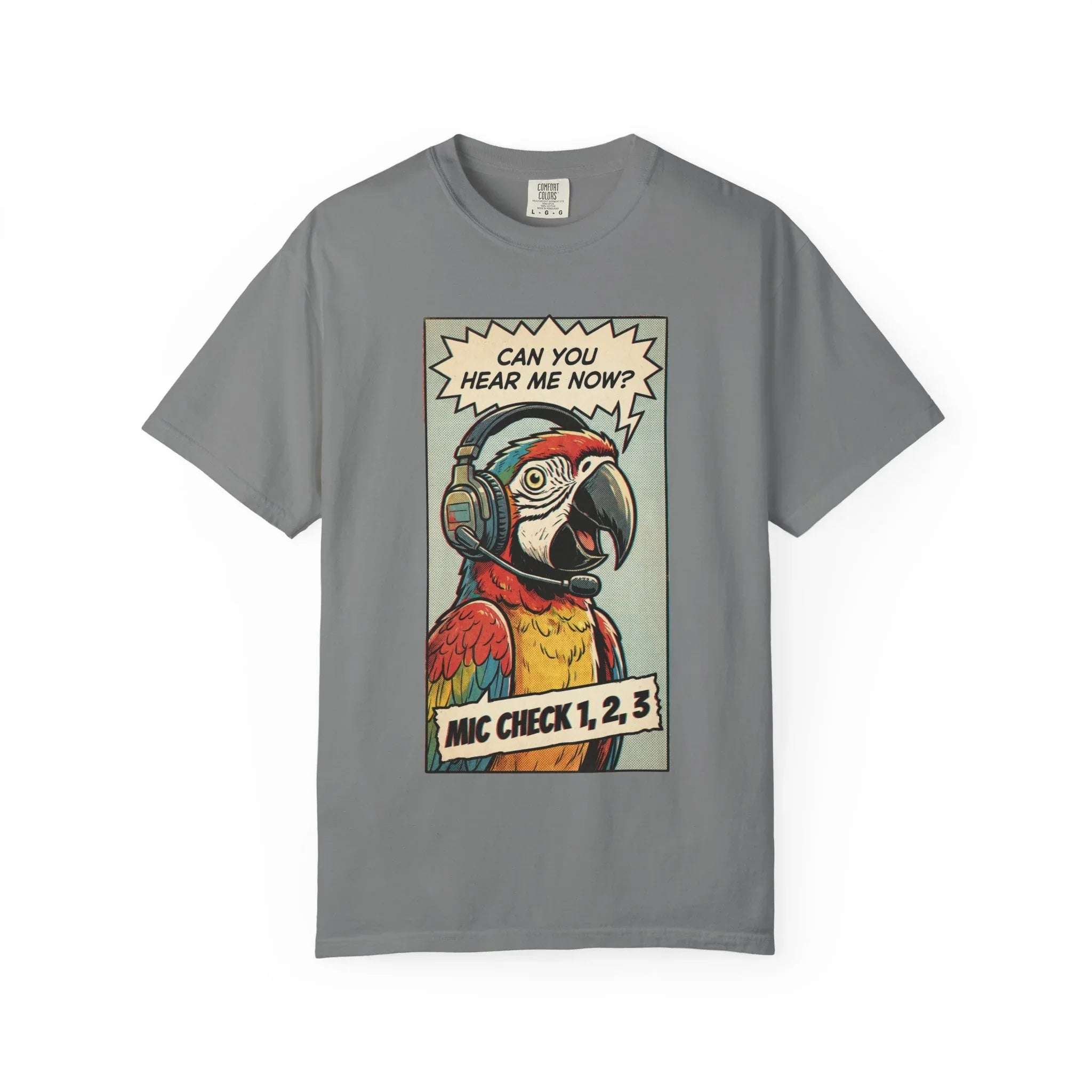 Funny Parrot Gamer Shirt - Vintage Comic Pop Art T-Shirt - Retro Macaw Bird "Mic Check" Graphic Tee - Sarcastic Podcast & Streamer Gift - Aesthetic Bird Lover Streetwear Grey