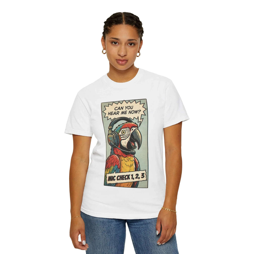 Funny Parrot Gamer Shirt - Vintage Comic Pop Art T-Shirt - Retro Macaw Bird "Mic Check" Graphic Tee - Sarcastic Podcast & Streamer Gift - Aesthetic Bird Lover Streetwear