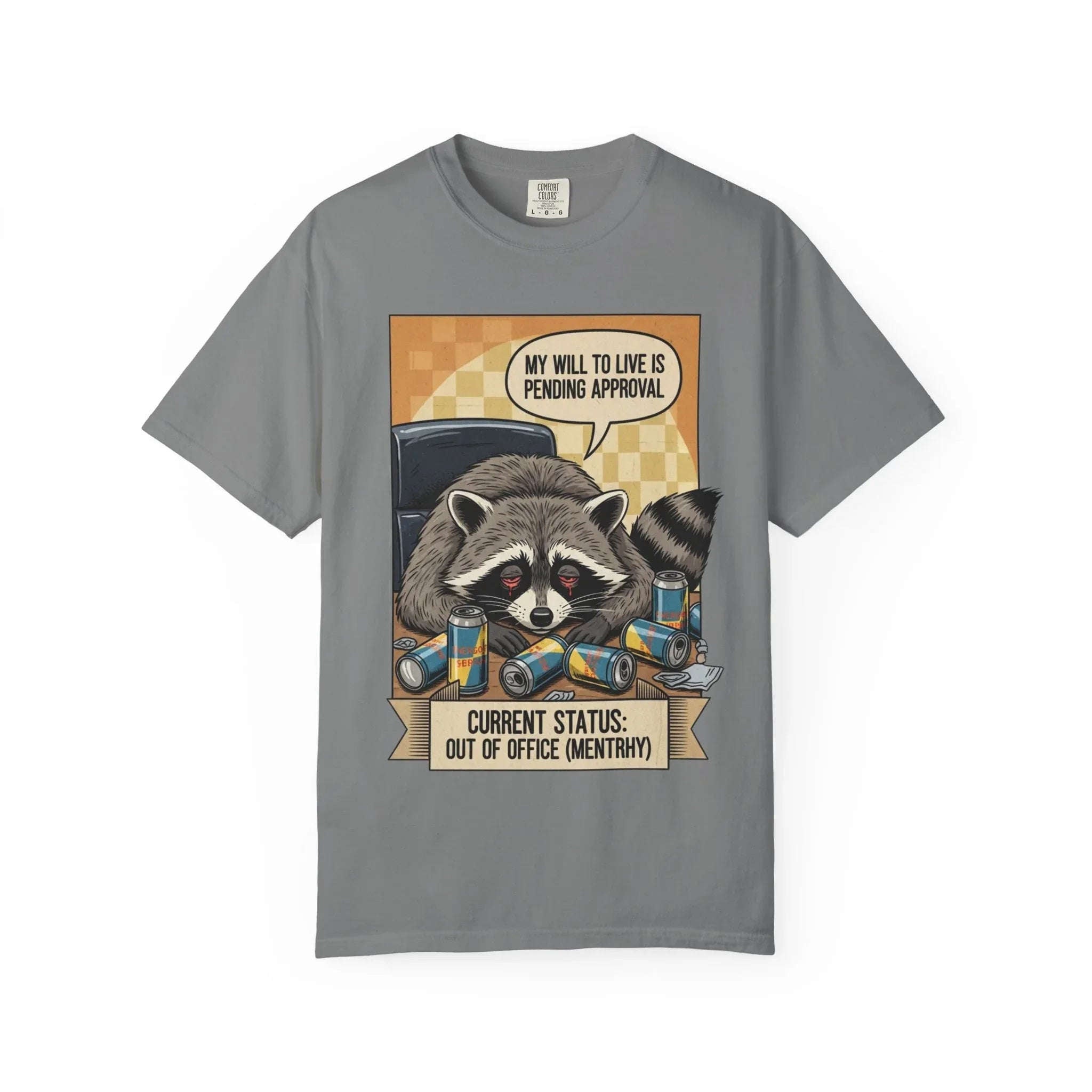 Funny Raccoon Shirt - Mentally Exhausted Office Tee - Retro Trash Panda Corporate Humor - Sarcastic "Pending Approval" T-Shirt - Relatable Coworker Gift & Work From Home Apparel Grey