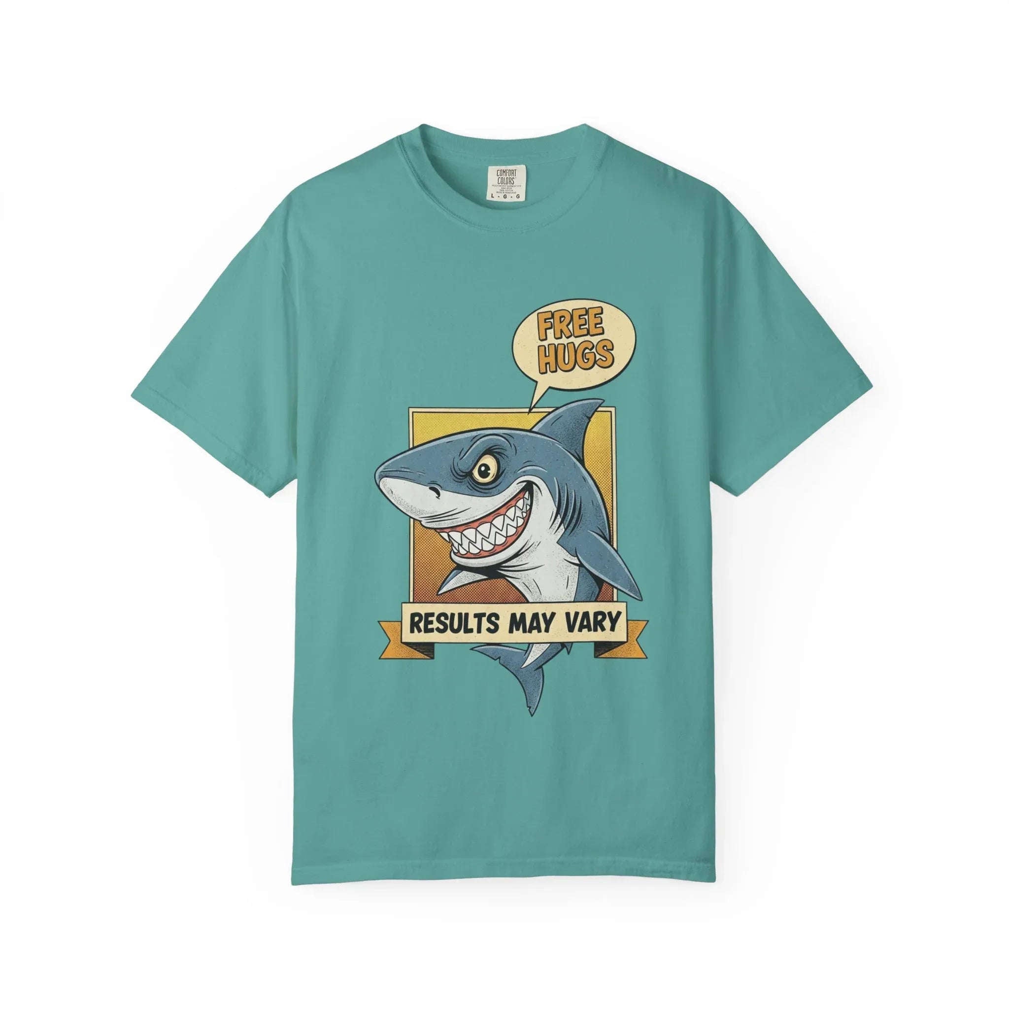 Funny Shark Shirt - "Free Hugs" Sarcastic Vintage Graphic Tee - Results May Vary Dark Humor Gift - Retro Great White Shark Top - Men's & Women's Dad Joke Clothing Seafoam