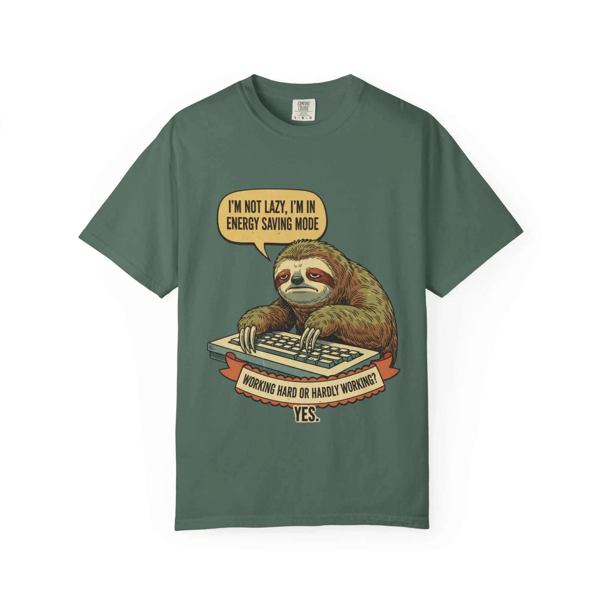Funny Sloth Shirt - "I'm In Energy Saving Mode" Office Humor Tee - Programmer T-Shirt - Lazy Animal Lover Gift - Retro Style Sloth Graphic Tee Blue Spruce
