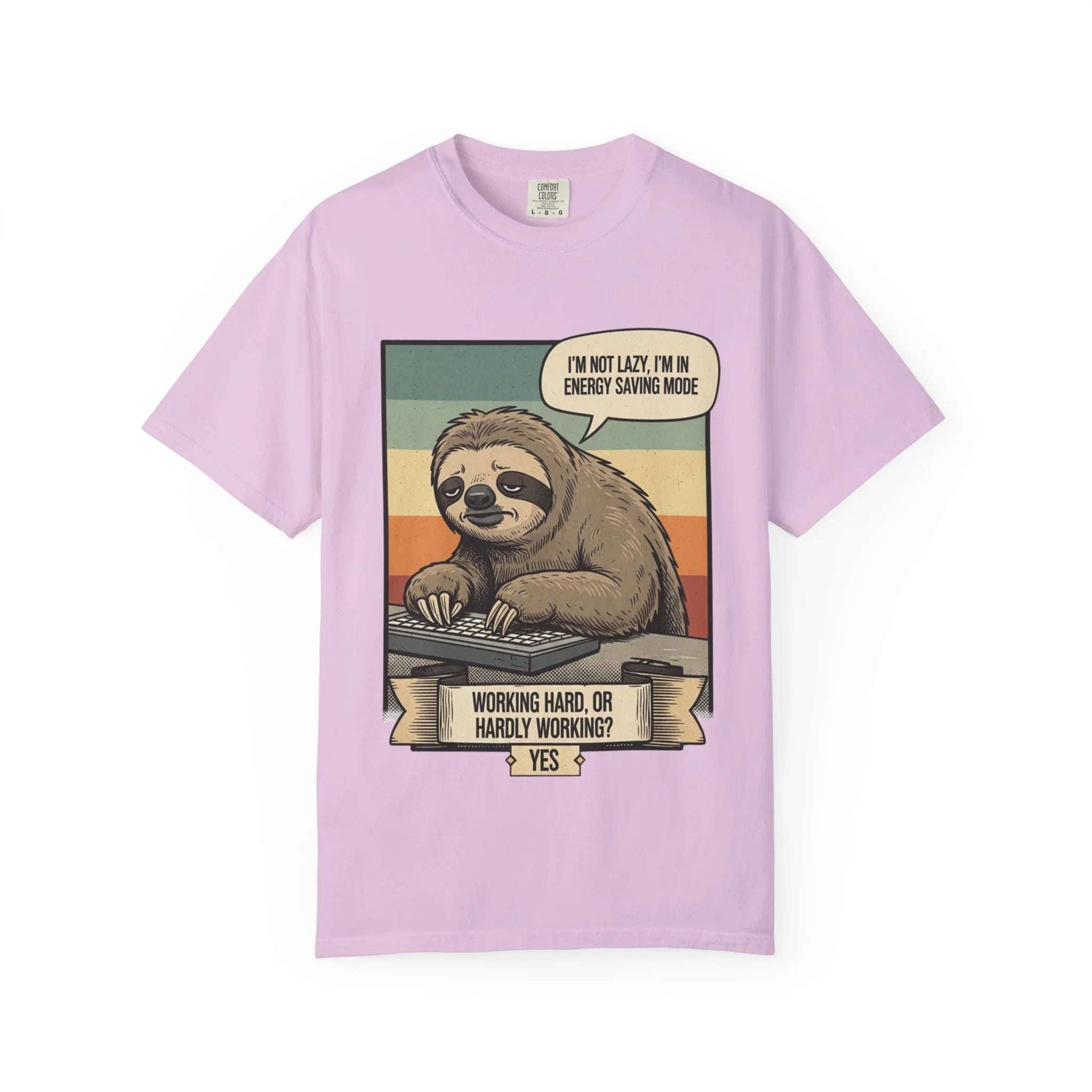 Funny Sloth Shirt - "I'm In Energy Saving Mode" T-Shirt - Office Humor Gift for Coworker - Lazy Animal Tee - Work From Home Graphic Tee - Retro Style Sloth Top Orchid