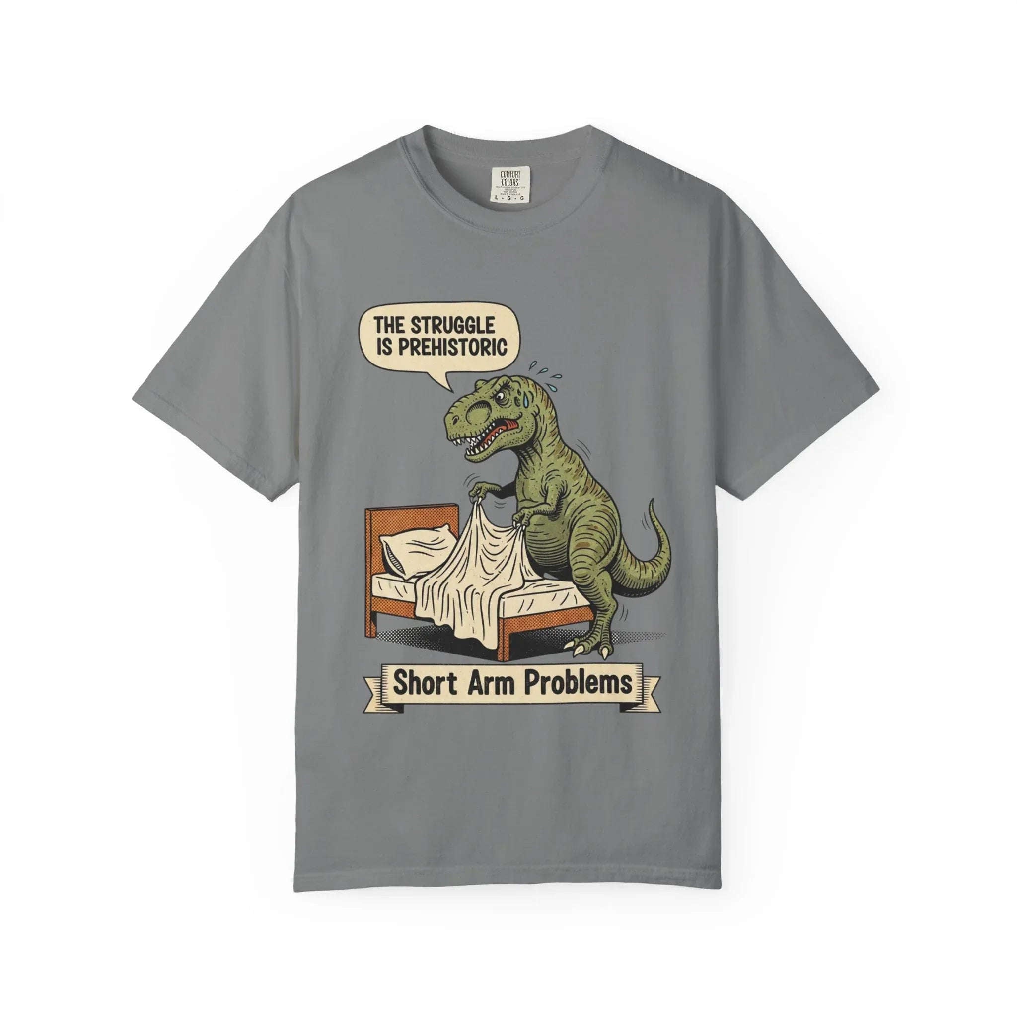 Funny T-Rex Shirt - "The Struggle Is Prehistoric" Graphic Tee - Short Arm Problems Meme Tshirt - Vintage Dinosaur Humorous Gift for Him & Her - Retro Comic Style Top Grey