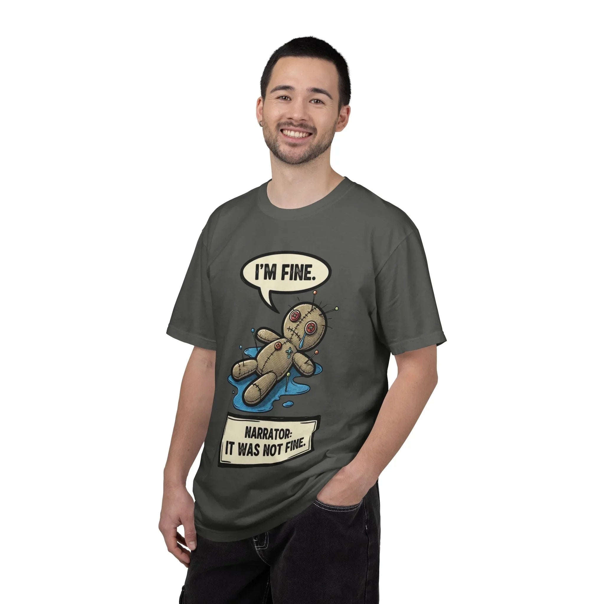 Funny Voodoo Doll "I'm Fine" Shirt - Sarcastic Mental Health Graphic Tee - Retro Comic Dark Humor T-Shirt - Vintage Garment-Dyed Relatable Mood Shirt - Edgy Aesthetic Streetwear