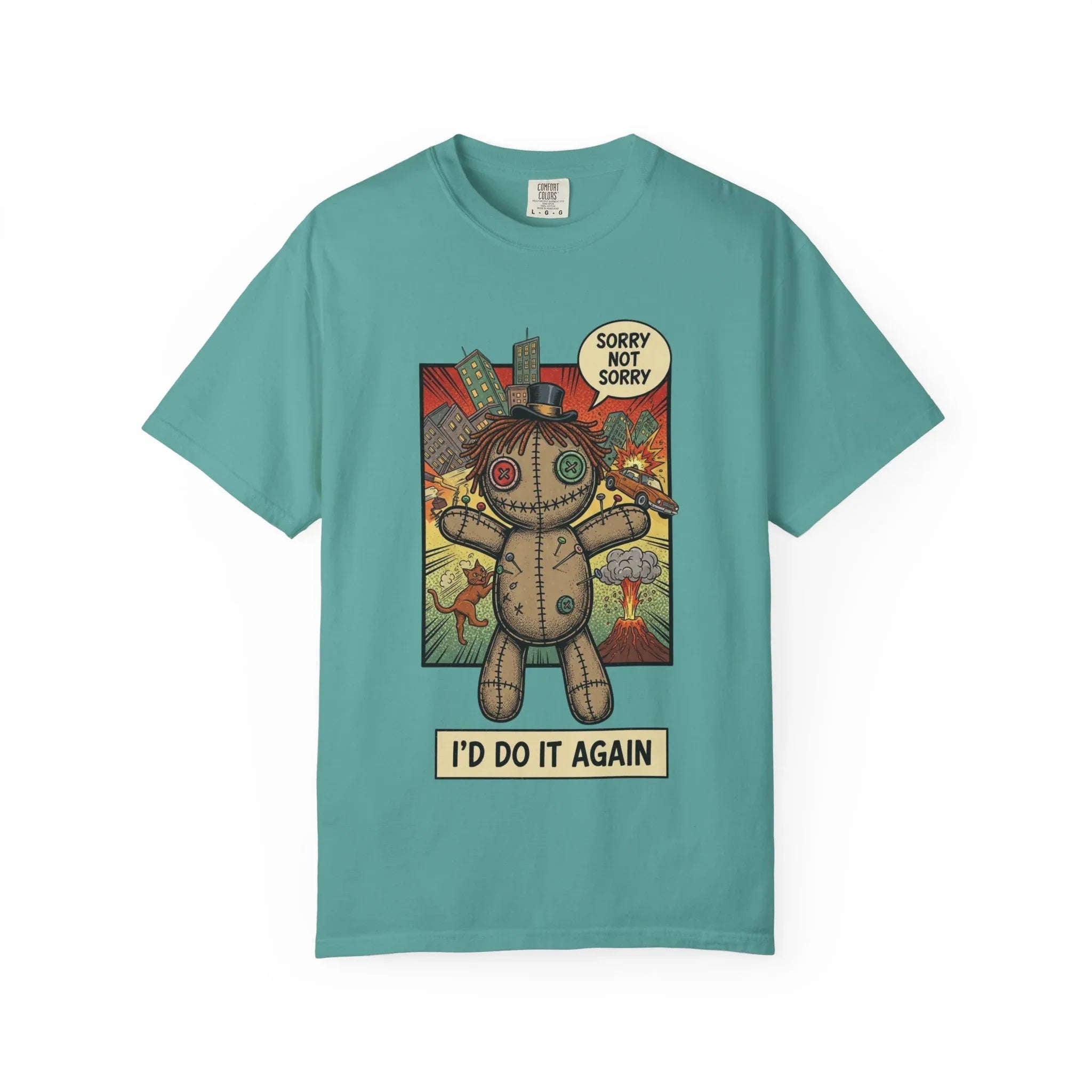 Funny Voodoo Doll Sarcastic Shirt - Retro Comic Dark Humor Graphic Tee - "I'd Do It Again" Sorry Not Sorry Unapologetic Mood T-Shirt - Vintage Garment-Dyed Streetwear Seafoam