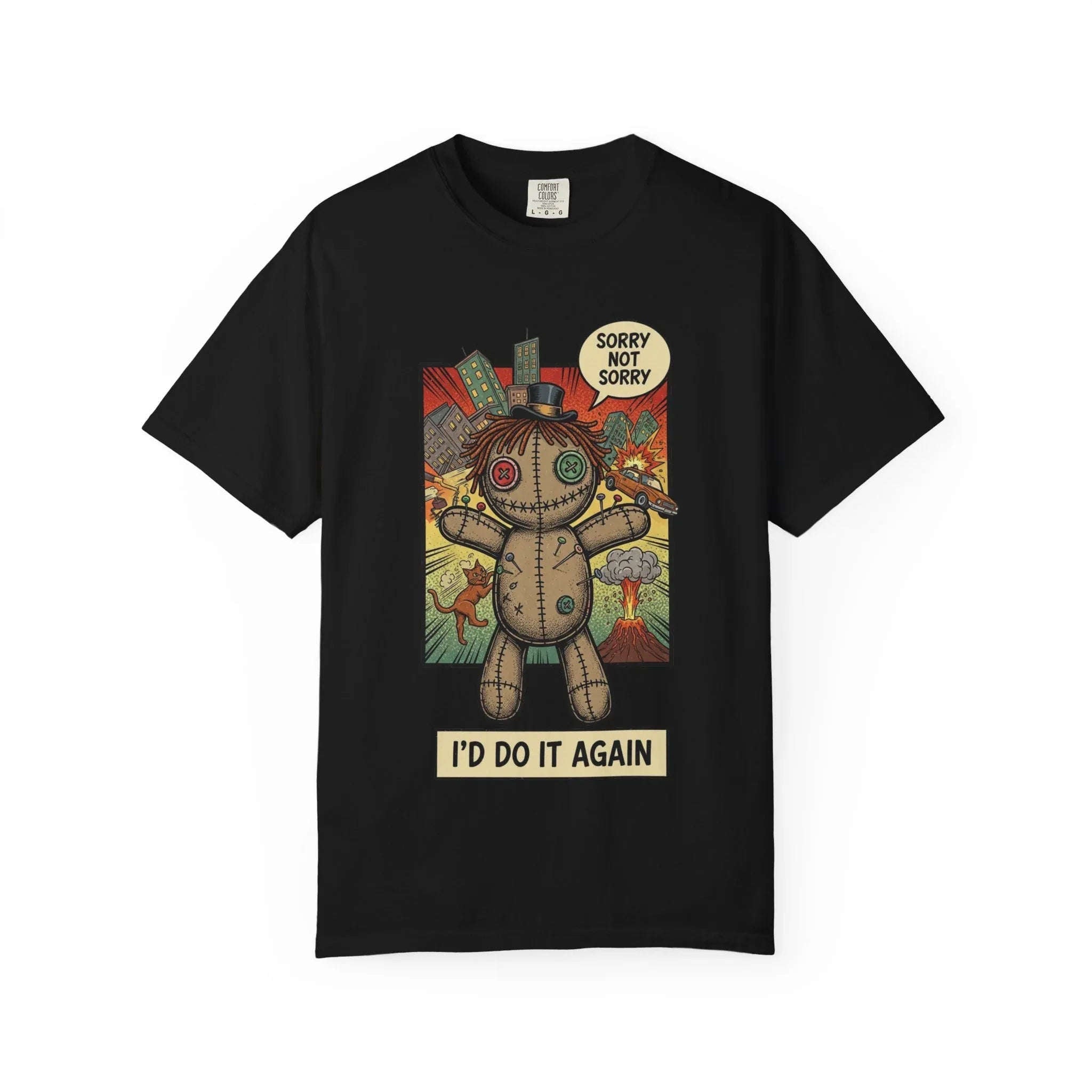 Funny Voodoo Doll Sarcastic Shirt - Retro Comic Dark Humor Graphic Tee - "I'd Do It Again" Sorry Not Sorry Unapologetic Mood T-Shirt - Vintage Garment-Dyed Streetwear
