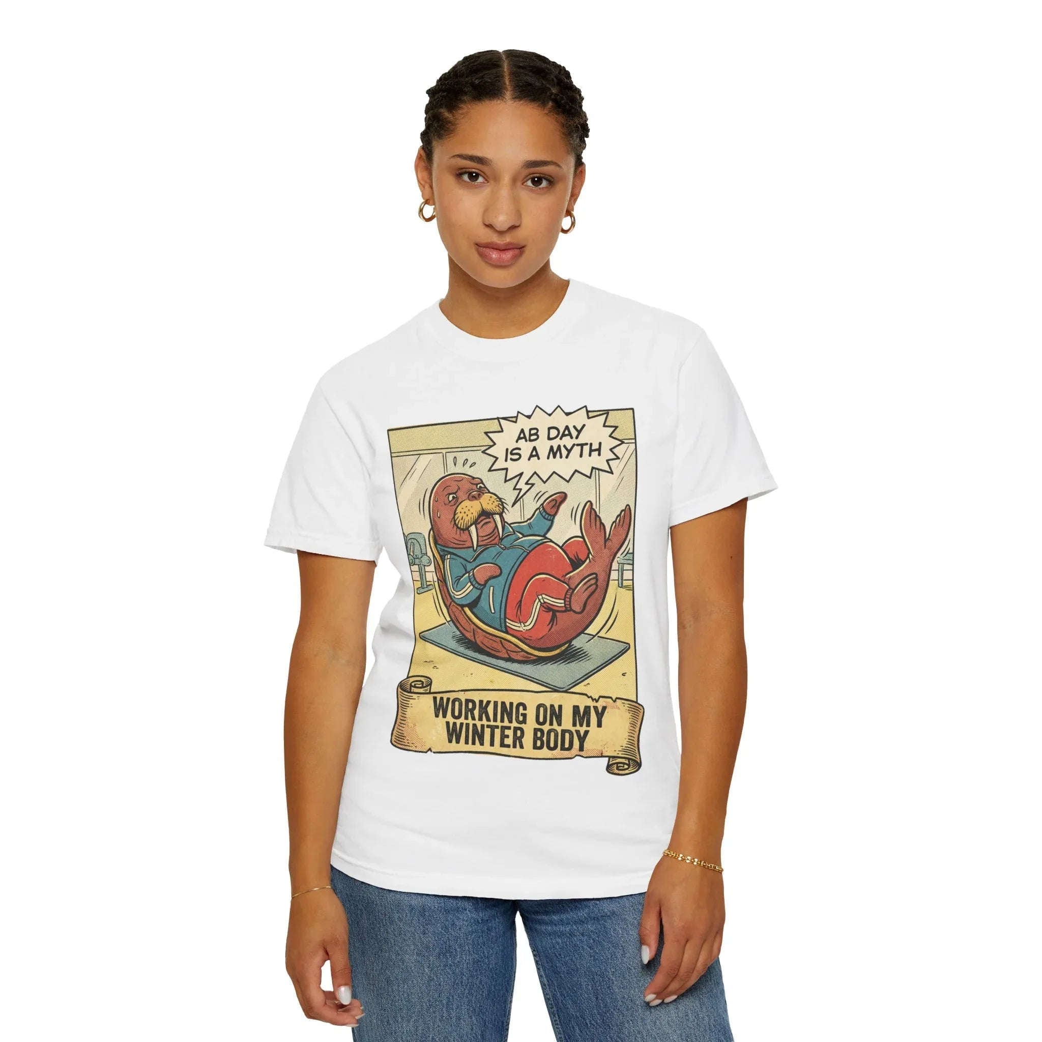 Funny Walrus Gym Shirt - "Ab Day Is A Myth" Retro Comic Tee - Sarcastic Workout Graphic T-Shirt - Working On My Winter Body Gift - Vintage Pop Art Fitness Streetwear