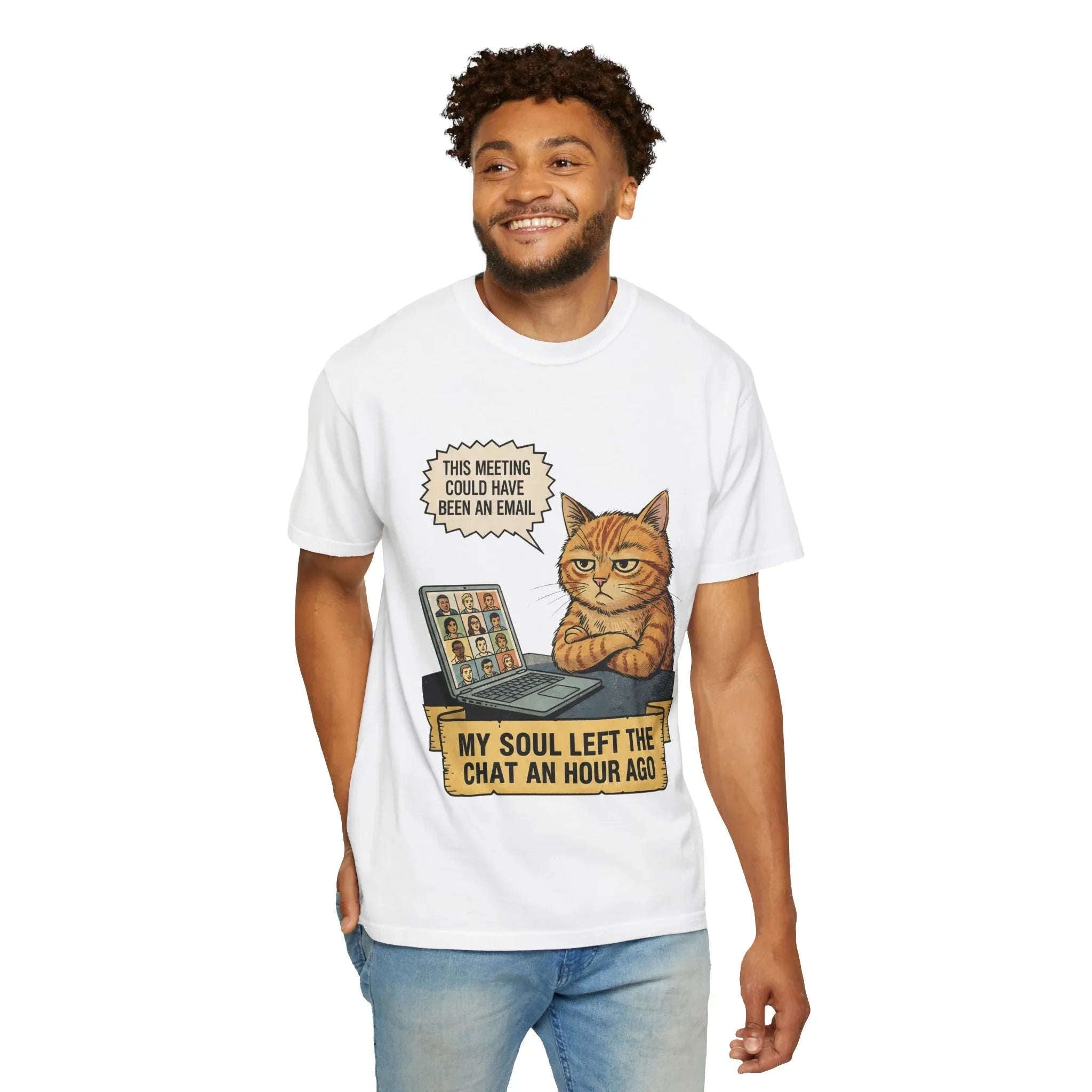 Funny Work From Home Shirt - Sarcastic Cat Hoodie - Corporate Humor Gift - "This Meeting Could Have Been An Email" Tee - Remote Work Meme - My Soul Left The Chat Top
